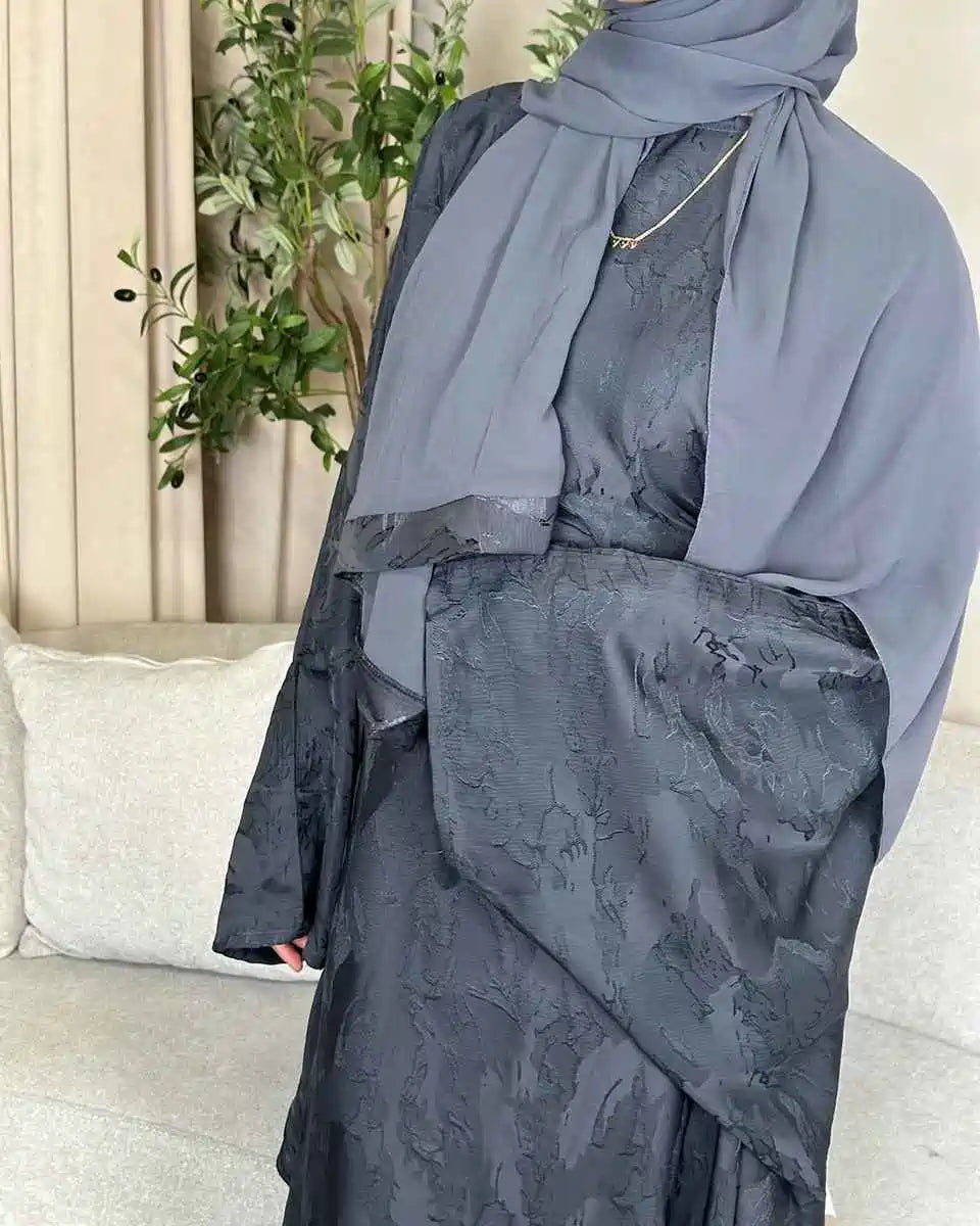 Elegant 3D Jacquard Satin Abaya Dress #25002 - Modest Islamic Prayer Dress for Women, Perfect for Eid, Ramadan & Special Occasions