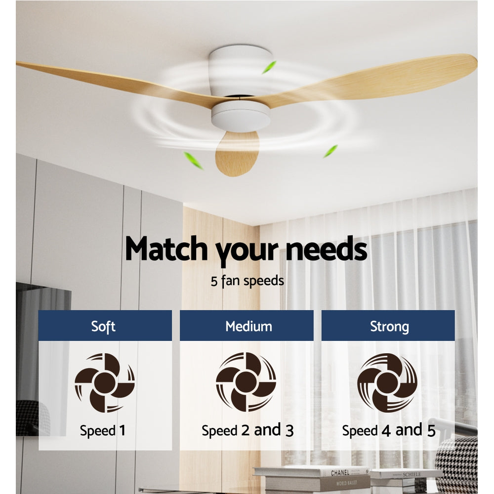 Devanti 52 Inch Ceiling Fan with LED Light and Remote Control - DC Motor, Light Wood Finish - Perfect for Living Room, Bedroom, and Outdoor Patio