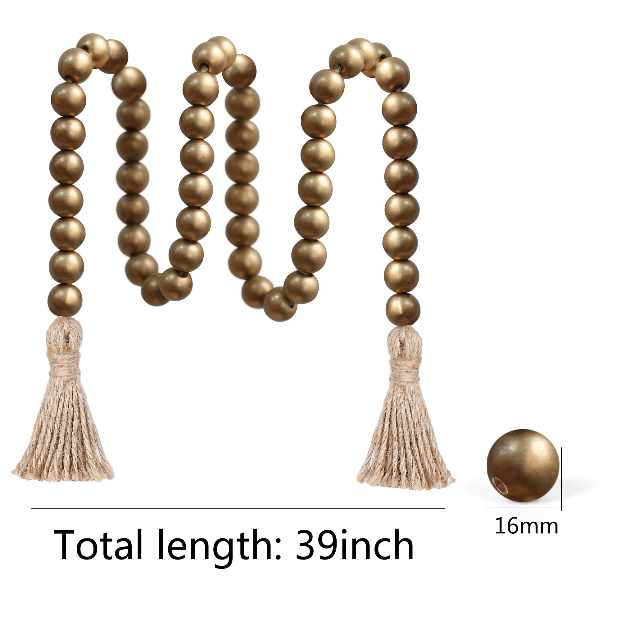 Meplait 39-inch Wood Bead Garland with Tassels - Farmhouse Boho Chic Wall Hanging Decor for Home, Bedroom, Wedding & Prayer Beads (Gold) | Perfect for Rustic Weddings, Nursery Decor & Boho Home Styling