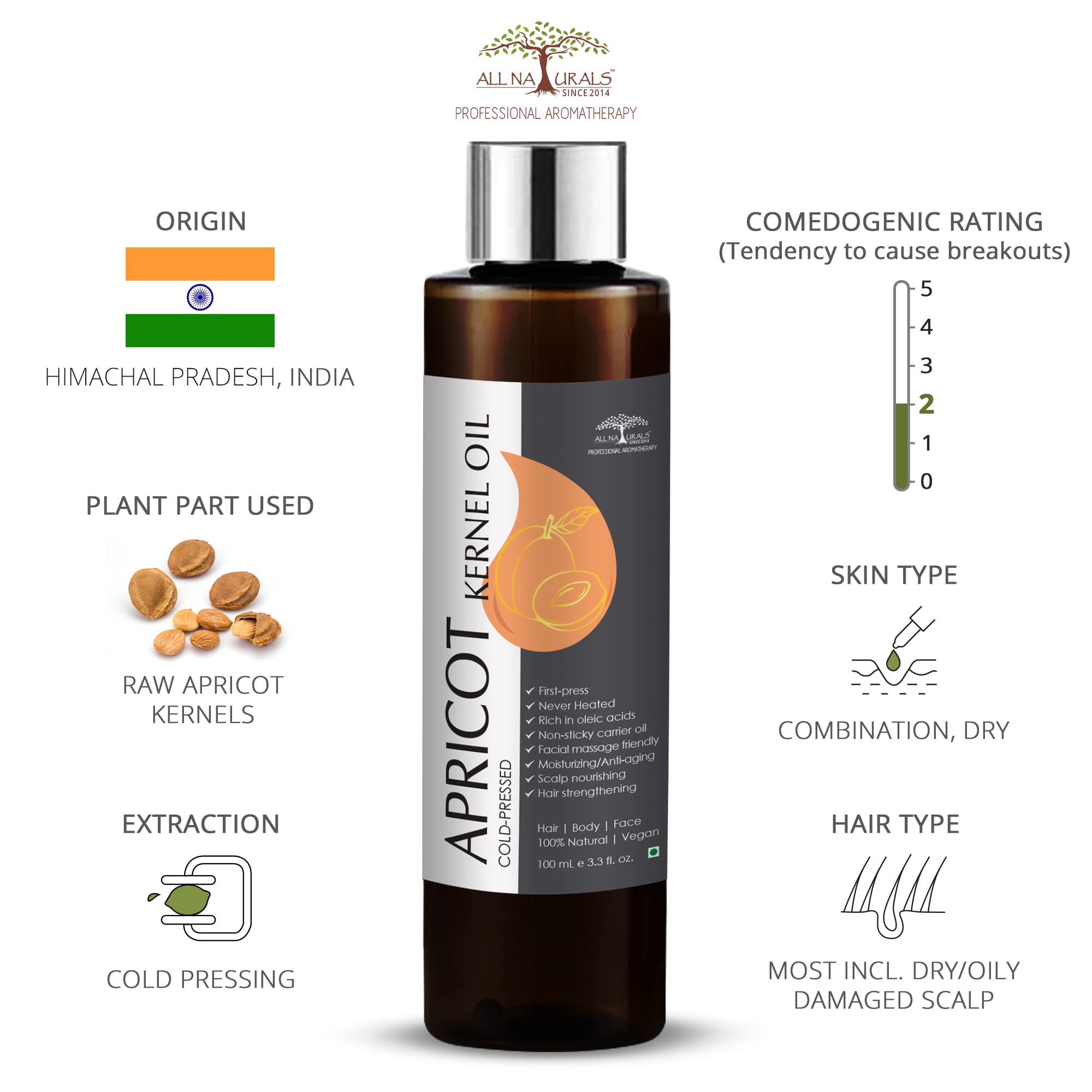 Organic Cold-Pressed Apricot Oil for Face, Hair & Body - 100% Pure, Natural, Anti-Aging, Promotes Hair Growth & Shiny Nails - 3.4 fl oz (100ml) - Ideal for Skincare, Haircare & Massage Therapy