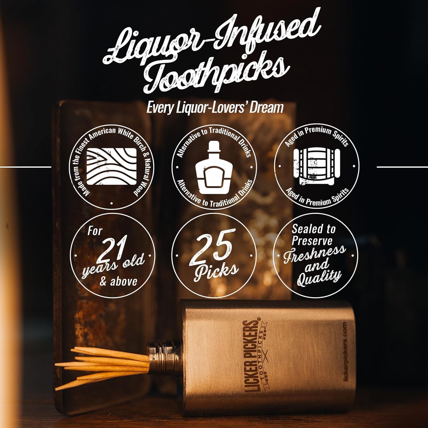 Premium Peanut Butter Whiskey Flavored Toothpicks - 25 White Birchwood Picks Aged in Spirits | Perfect for Cocktails, Parties & Whiskey Tasting