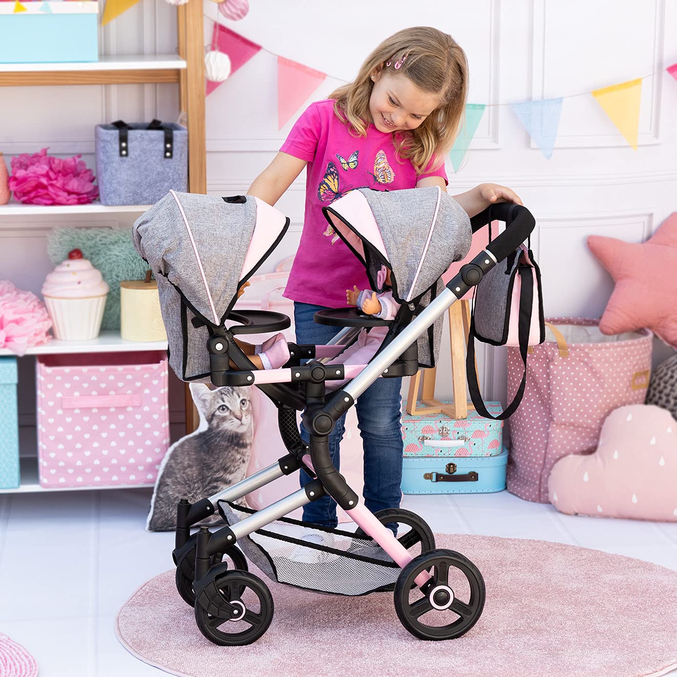 Bayer Twin Doll Stroller Neo - Gray & Pink Butterfly Design, Denim Look - Perfect for Role Play, Pretend Play, and Outdoor Adventures with Kids
