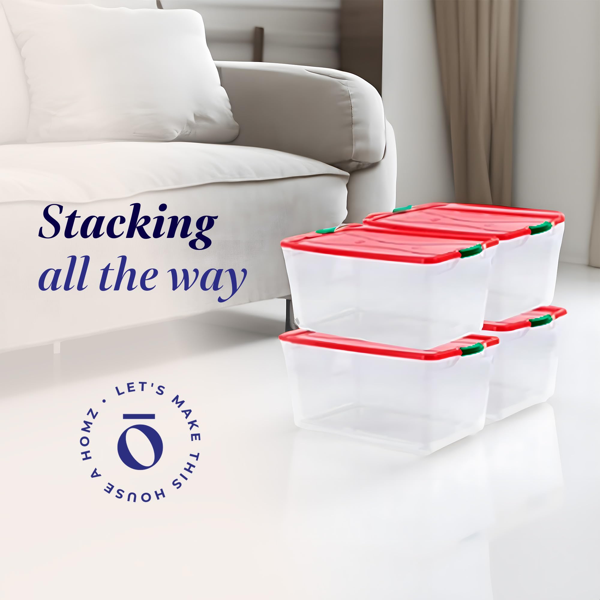 HOMZ 4-Pack 64 Quart Clear Plastic Storage Bins with Secure Red Lids - Stackable Organizer Containers for Home, Office, Garage & Closet Organization