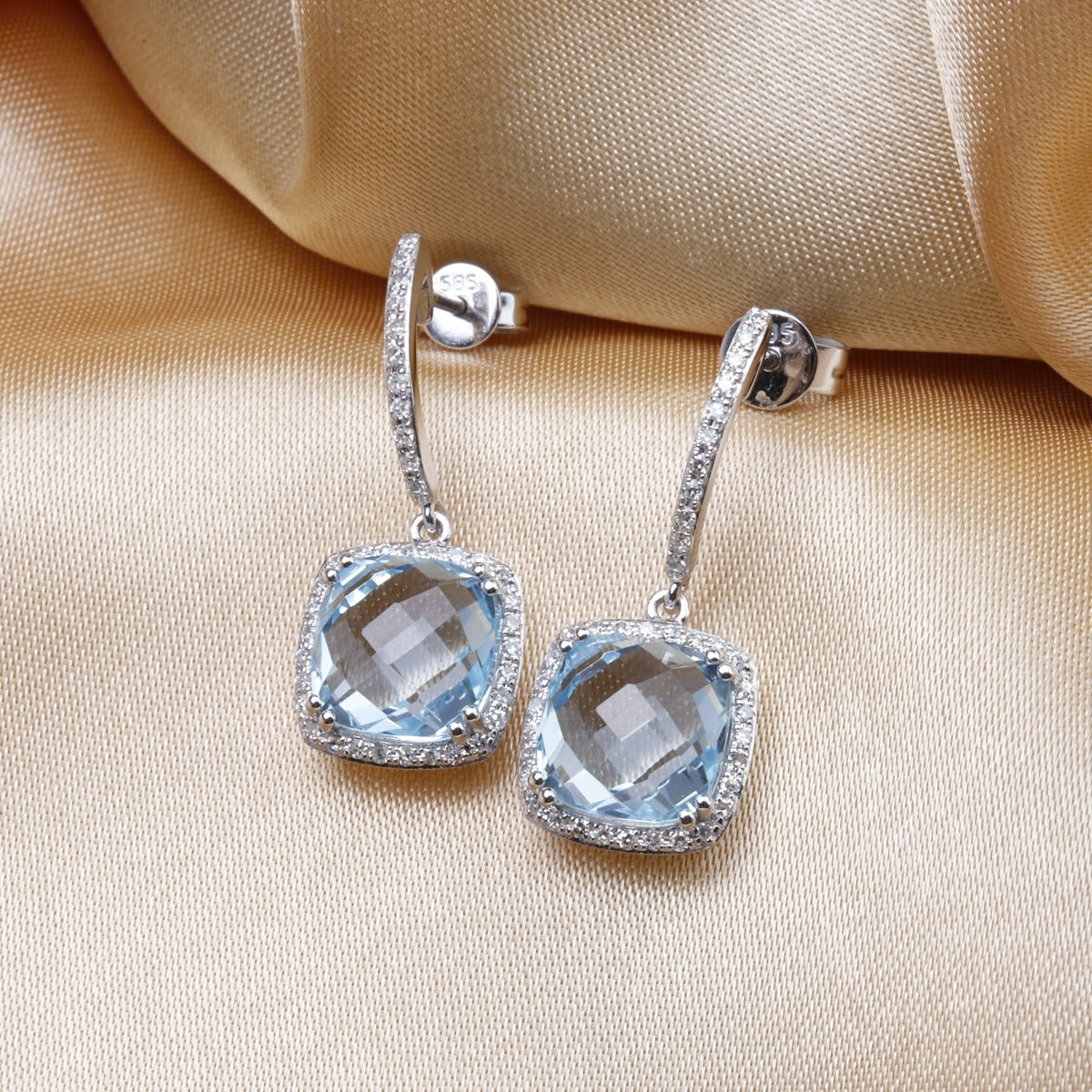 14K White Gold Blue Topaz & Diamond Cushion Drop Earrings for Women – Elegant Dangle Earrings for Parties, Weddings & Special Occasions