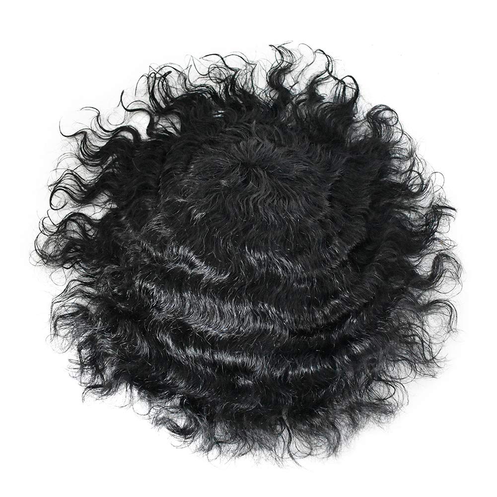 20MM Afro Curly Toupee for Men - 100% Human Hair Black Mens Weave Wig with Fine Mono Lace & Poly Skin - African American Hair System Replacement (8
