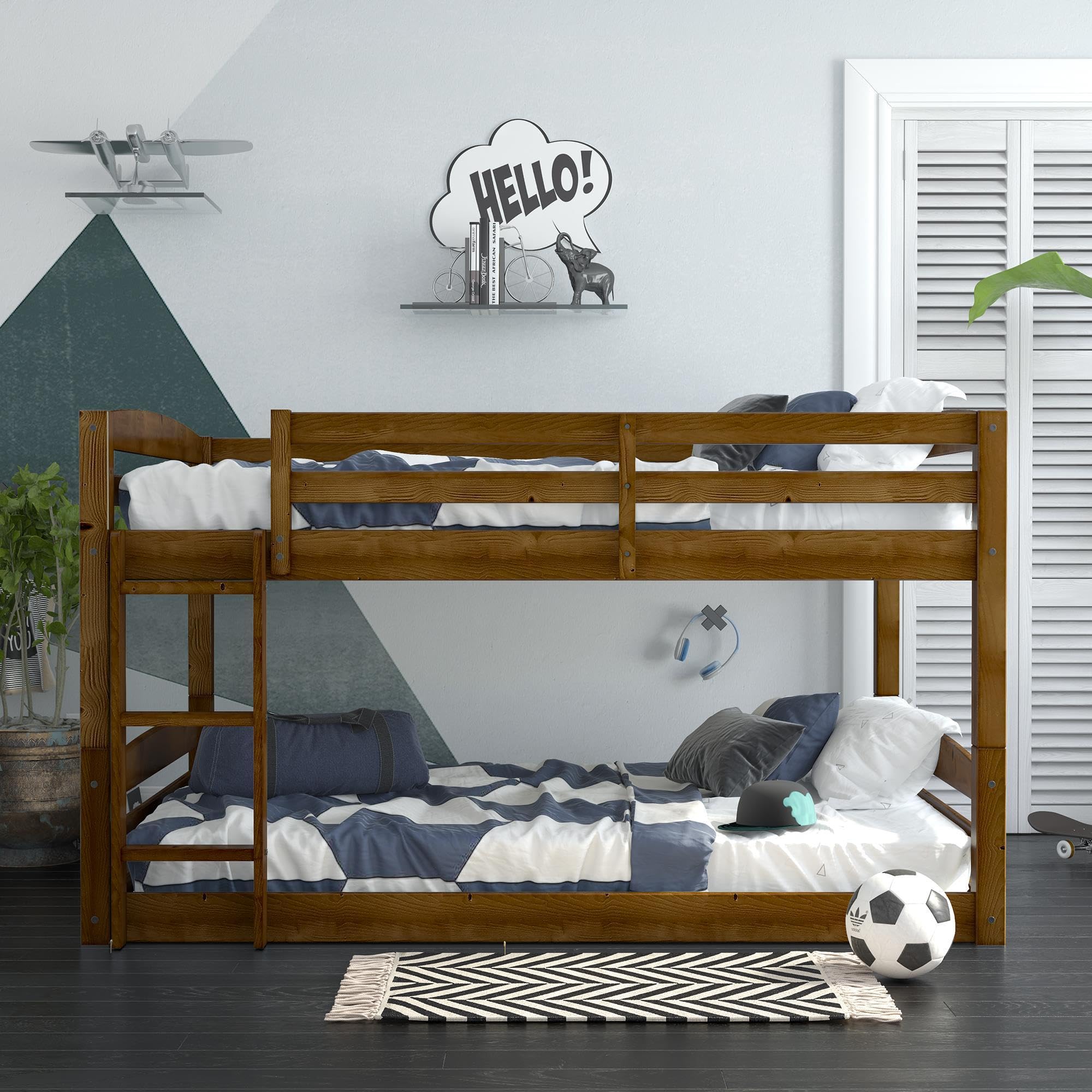 DHP Phoenix Convertible Low Wood Floor Bunk Bed - Full Over Full Stackable Kids Bed Frame with Ladder & High Guardrail | Solid Wood Construction, No Box Spring Needed | Perfect for Small Rooms, Guest Rooms & Kids' Shared Bedrooms