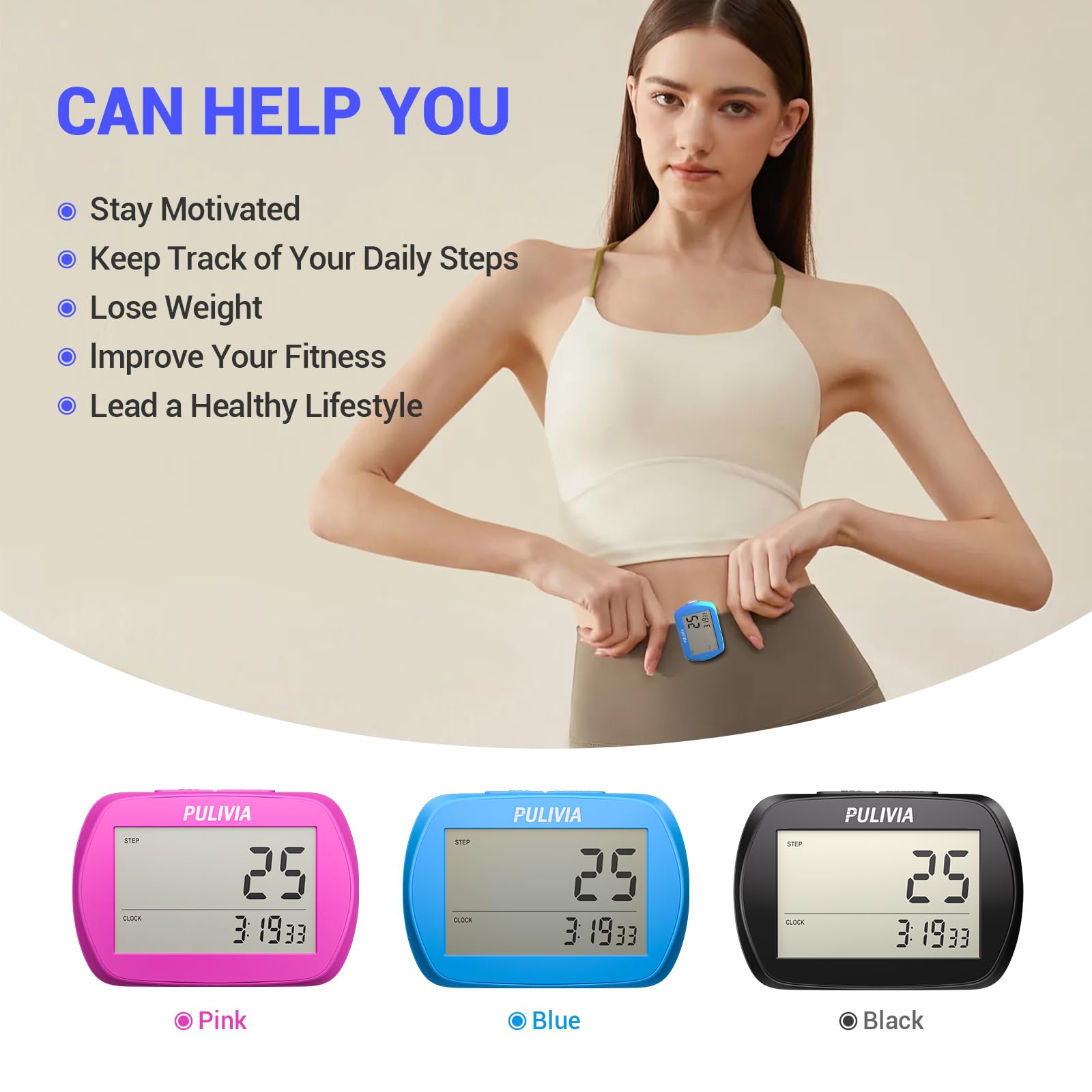 PULIVIA 3D Pedometer with Clock - Accurate Step Counter for Walking & Fitness Tracking