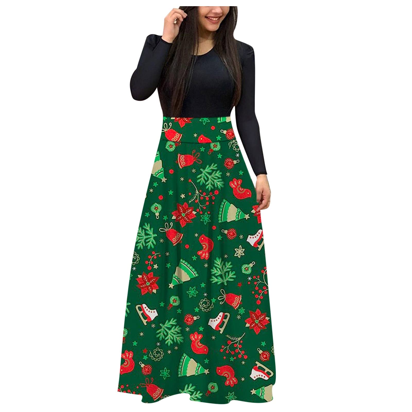 Women's Christmas Printed Floral Maxi Dress - Long Sleeve Round Neck Elegant Casual Dress for Holiday Parties, Family Gatherings & Winter Festive Occasions