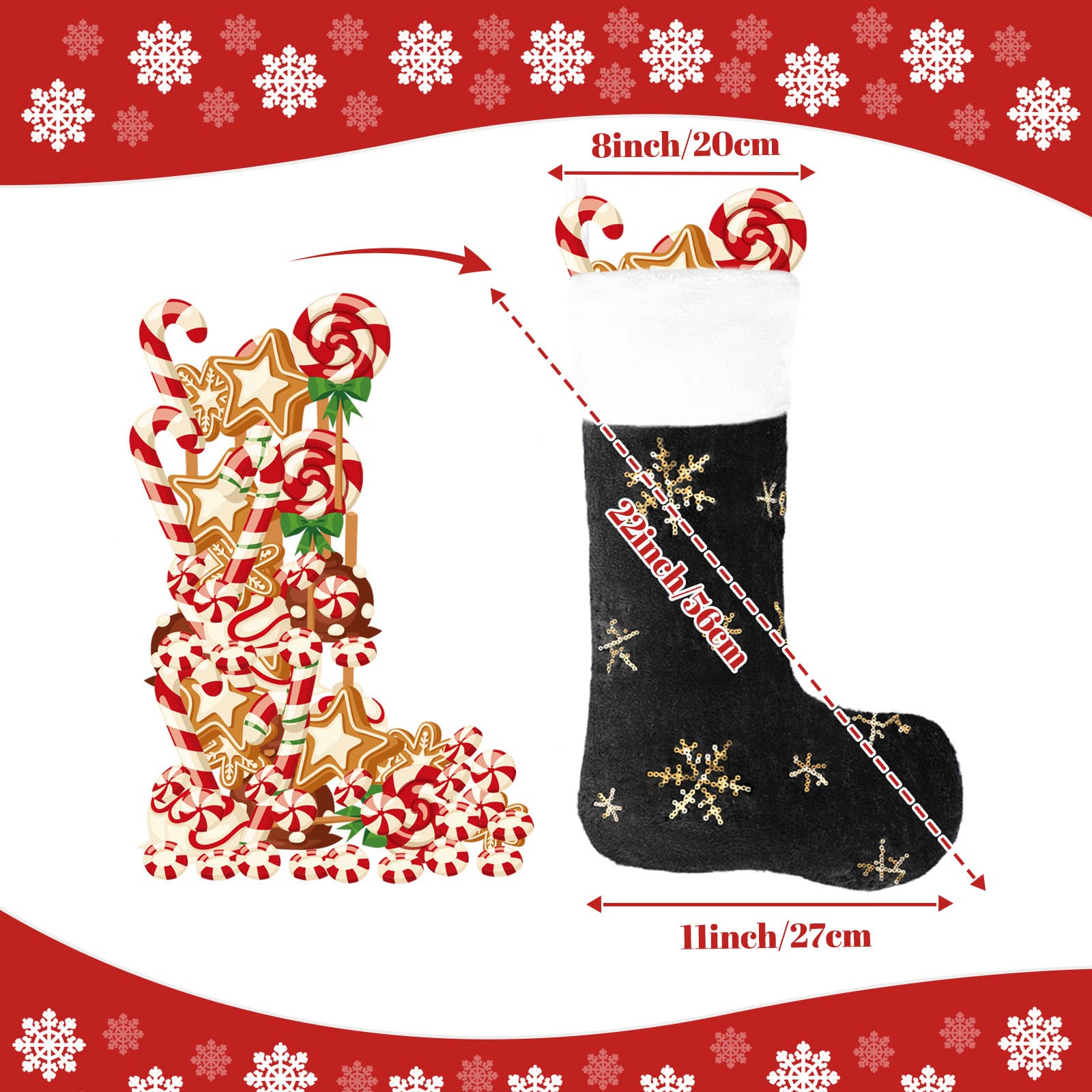 6 Pack Personalized Plush Christmas Stockings 22 Inches - Black Faux Fur Holiday Hanging Stockings with Gold Sequin Snowflakes Decor for Fireplace, Xmas Tree, Mantel & Home Decor (56cm) - Perfect for Family Gift Exchange & Cozy Winter Celebrations