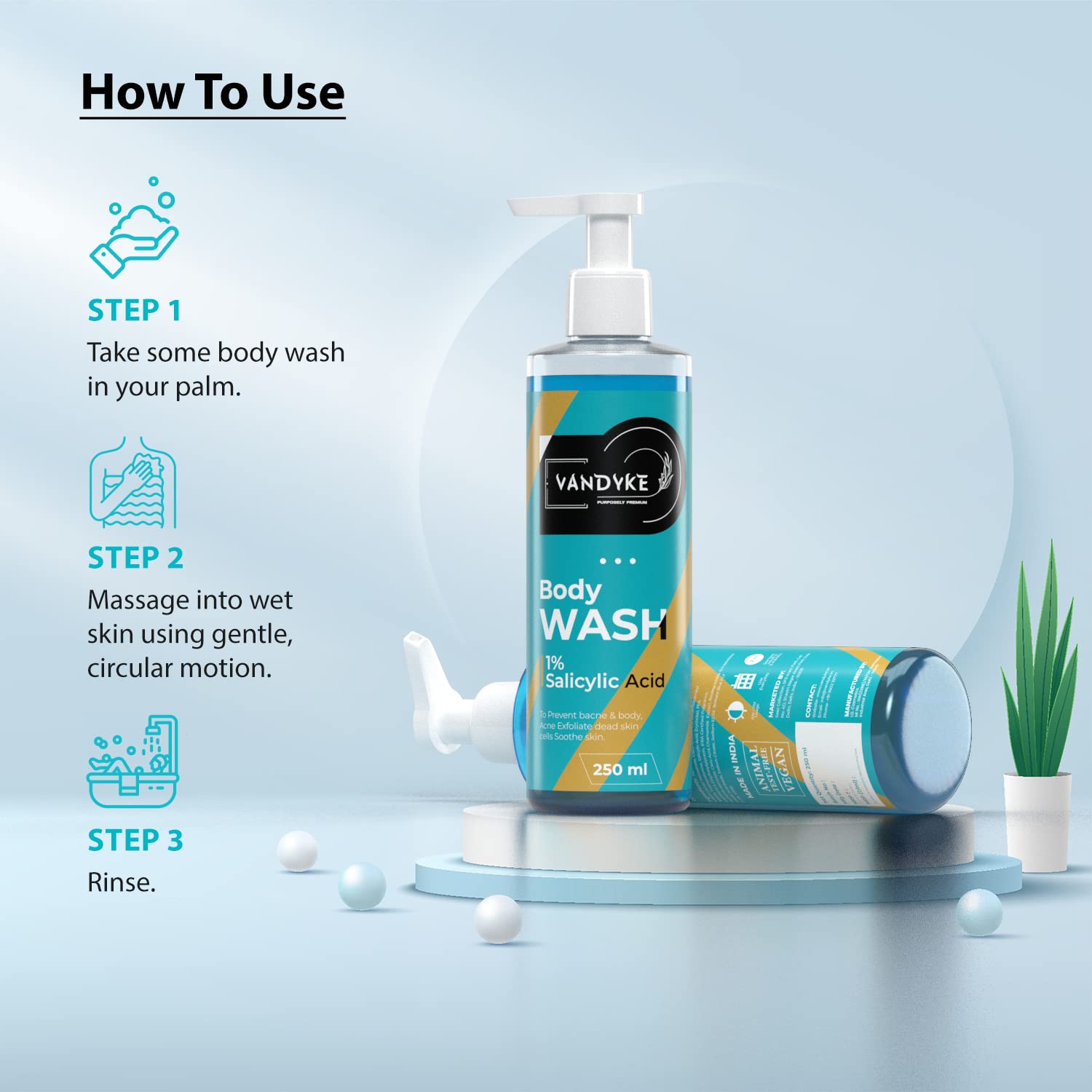 Vandyke 1% Salicylic Acid Body Wash for Acne Treatment - Paraben & SLS Free Shower Gel (250ml) - Gentle Exfoliating Cleanser for Back, Chest & Shoulder Acne - Perfect for Daily Skincare Routine
