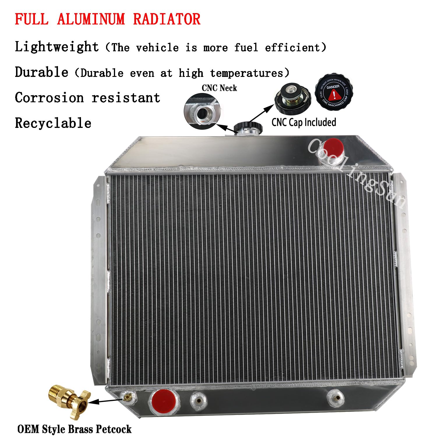 Ford F100 F150 F250 F350 Bronco Truck V8 1966-1979 4-Row Aluminum Radiator with Electric Fan Shroud & Thermostat Kit - Heavy Duty Cooling Replacement for Off-Road, Towing & Hot Climate Driving