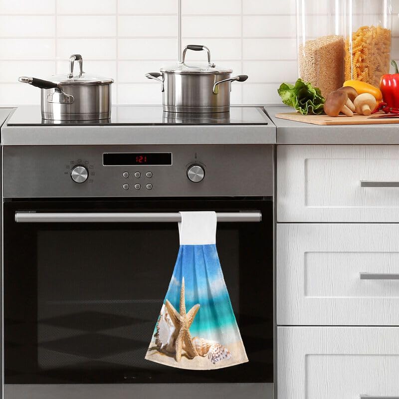 2PCS Beach Seashells & Starfish Hanging Kitchen Towels - Absorbent Dish Cloth with Loop for Oven, Stove & Bathroom - Summer Coastal Home Decor Hand Towel Set for Kitchen & Beach House Decorations