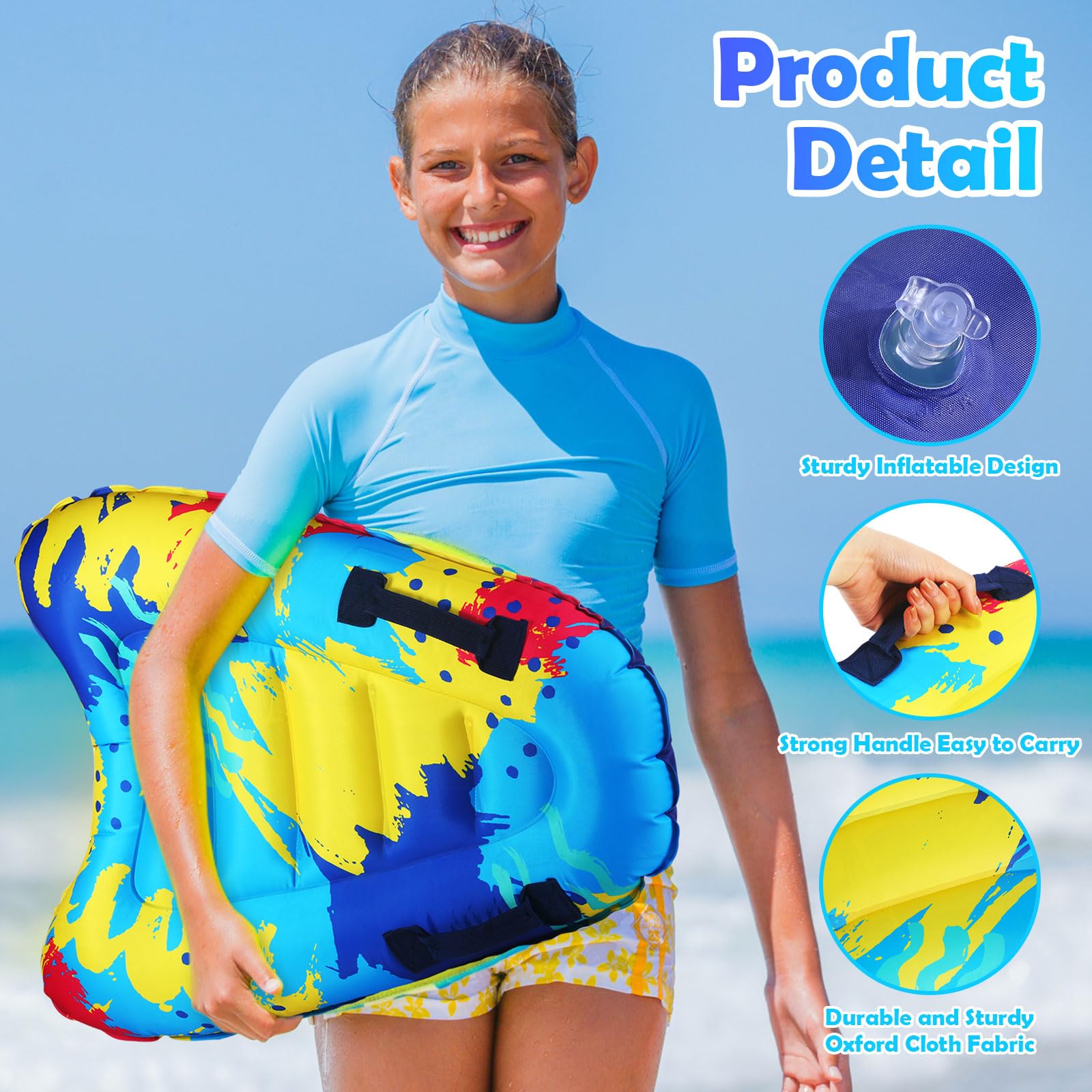 Inflatable Surf Body Board with Handles - Portable Pool & Beach Float for Kids & Adults - Perfect for Water Games, Swimming, Summer Fun at Ocean, Lake, and Backyard Pools