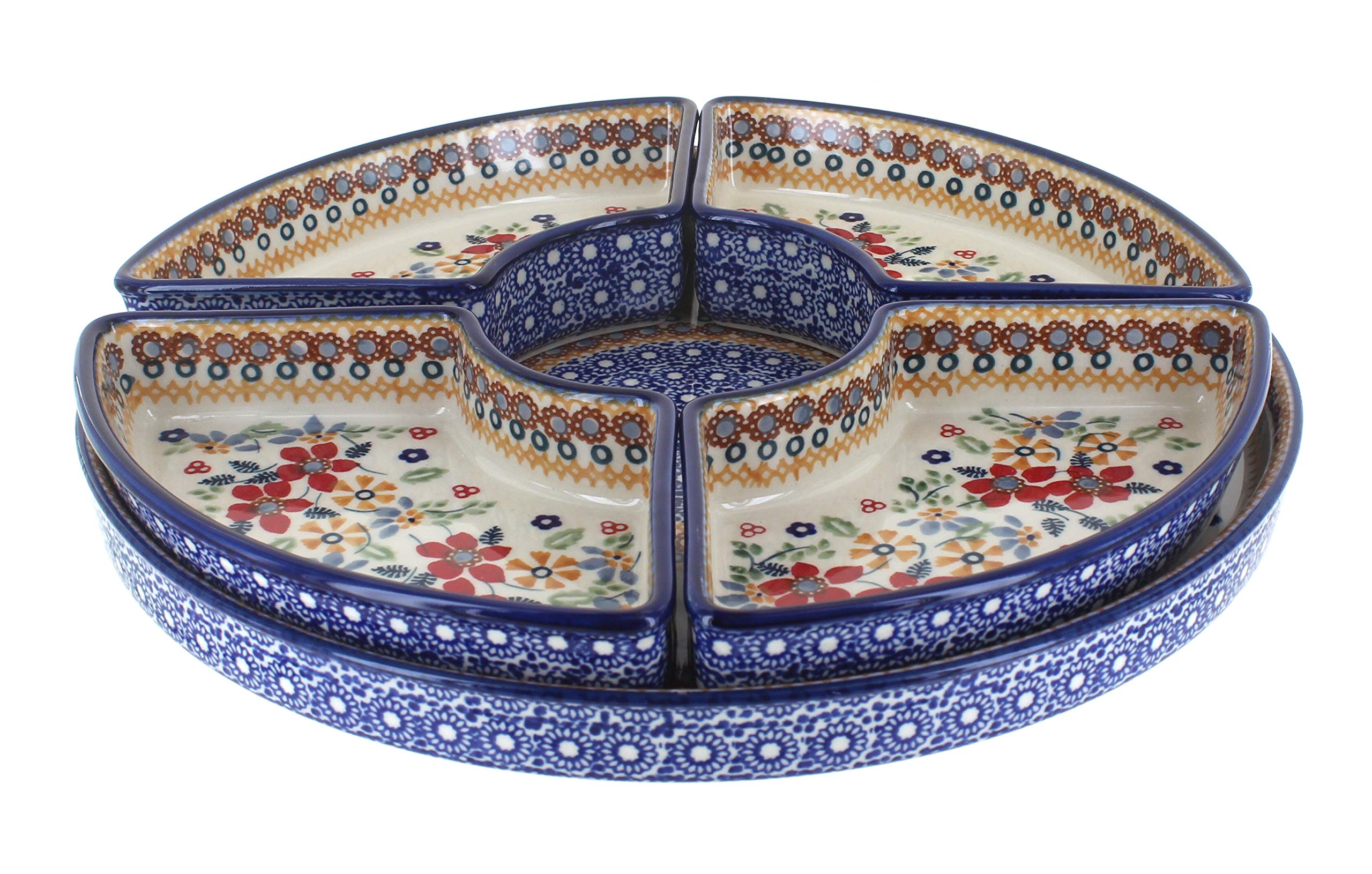 Blue Rose Polish Pottery Red Daisy Tray Set with 4 Matching Plates - Elegant Serving Tray for Tea Party, Breakfast in Bed or Home Decor