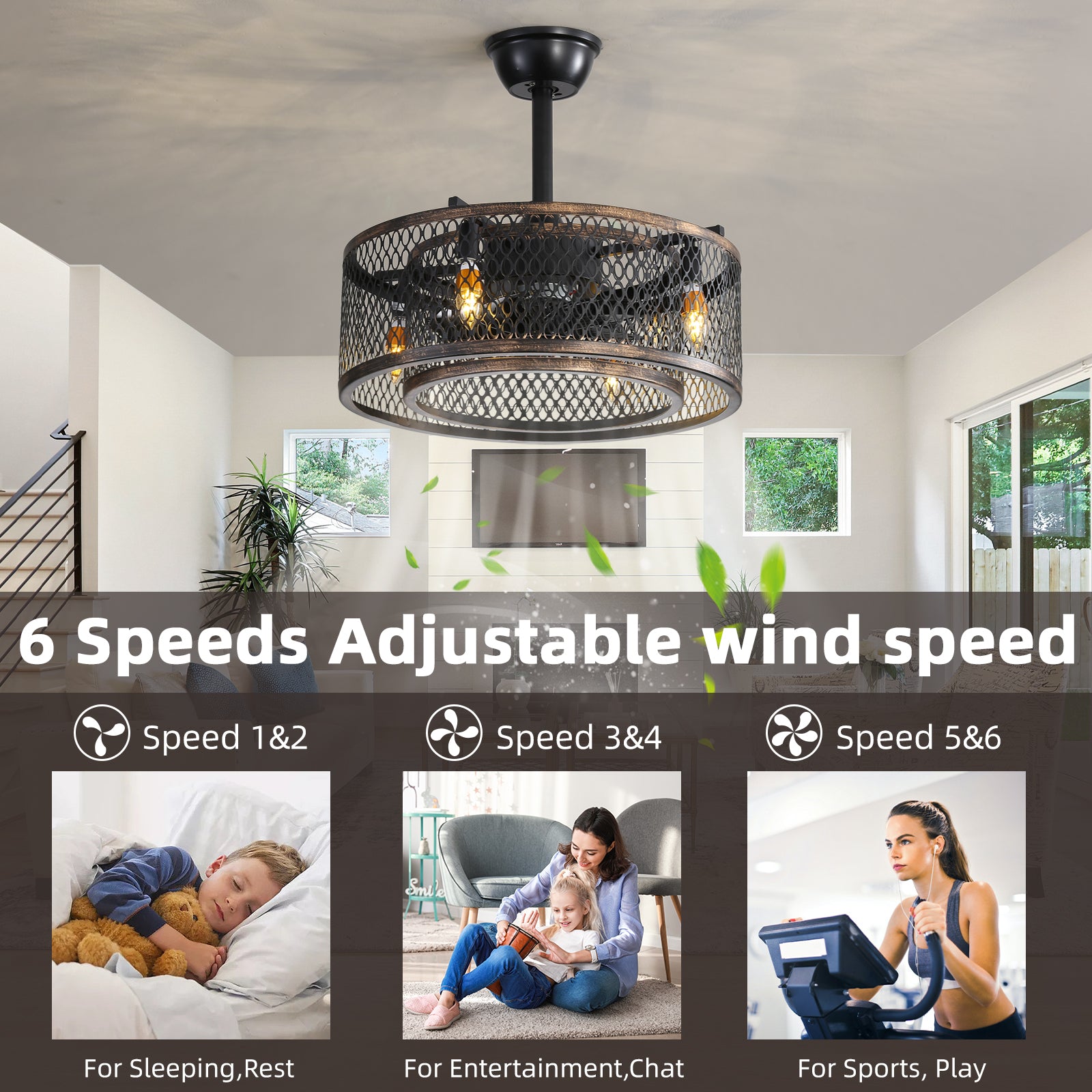 20 Inch Caged Ceiling Fan with LED Lights - Industrial Style Vintage Ceiling Fan for Bedroom, Living Room, Porch - Dimmable & Remote Control Included (Bulbs Not Warranted)