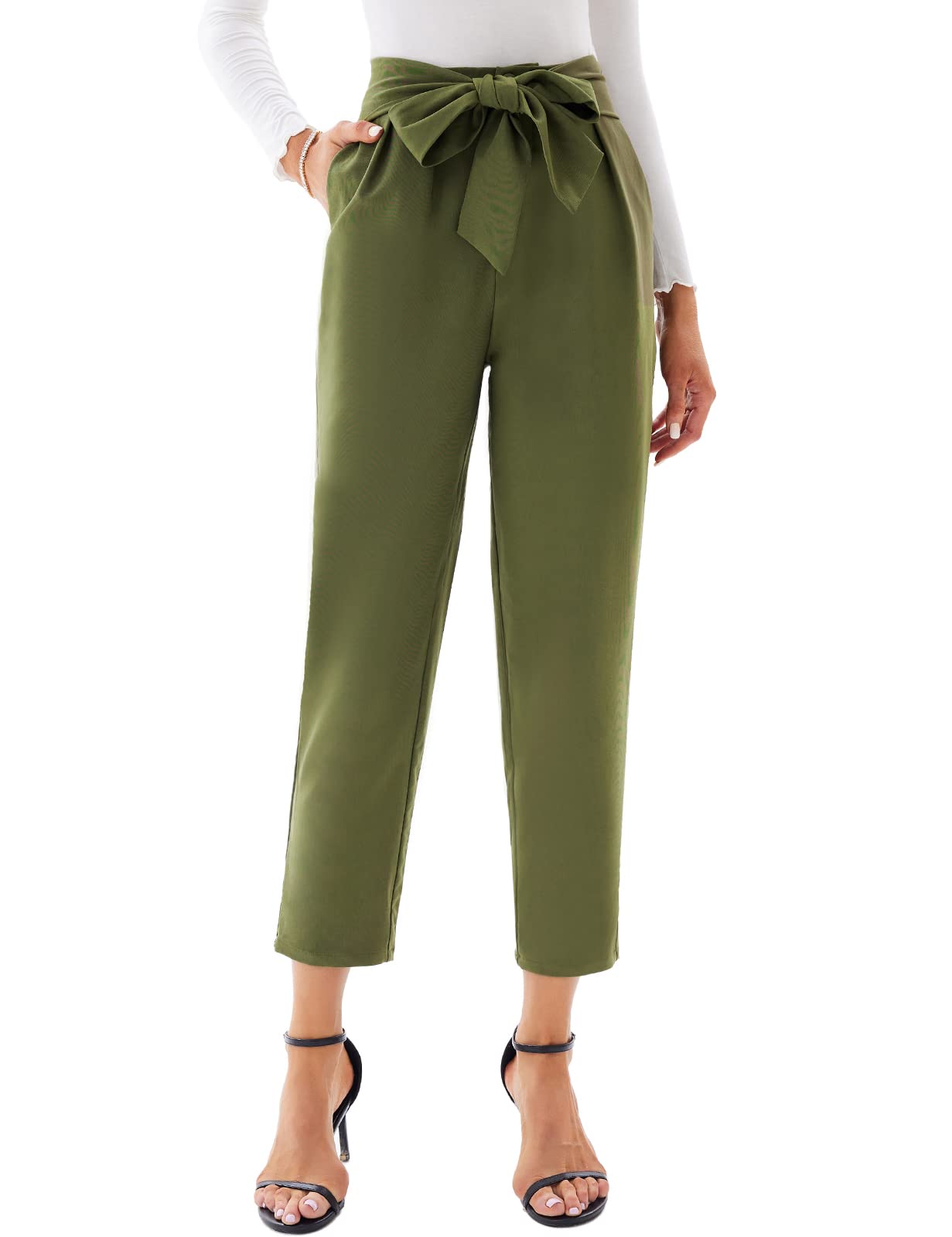 GRACE KARIN Women's High Waisted Cropped Pants - Paper Bag Waist Office Pants with Pockets, Slim Fit Work Trousers for Business Casual & Professional Wear | Perfect for Office, Business Meetings & Smart Casual Outfits