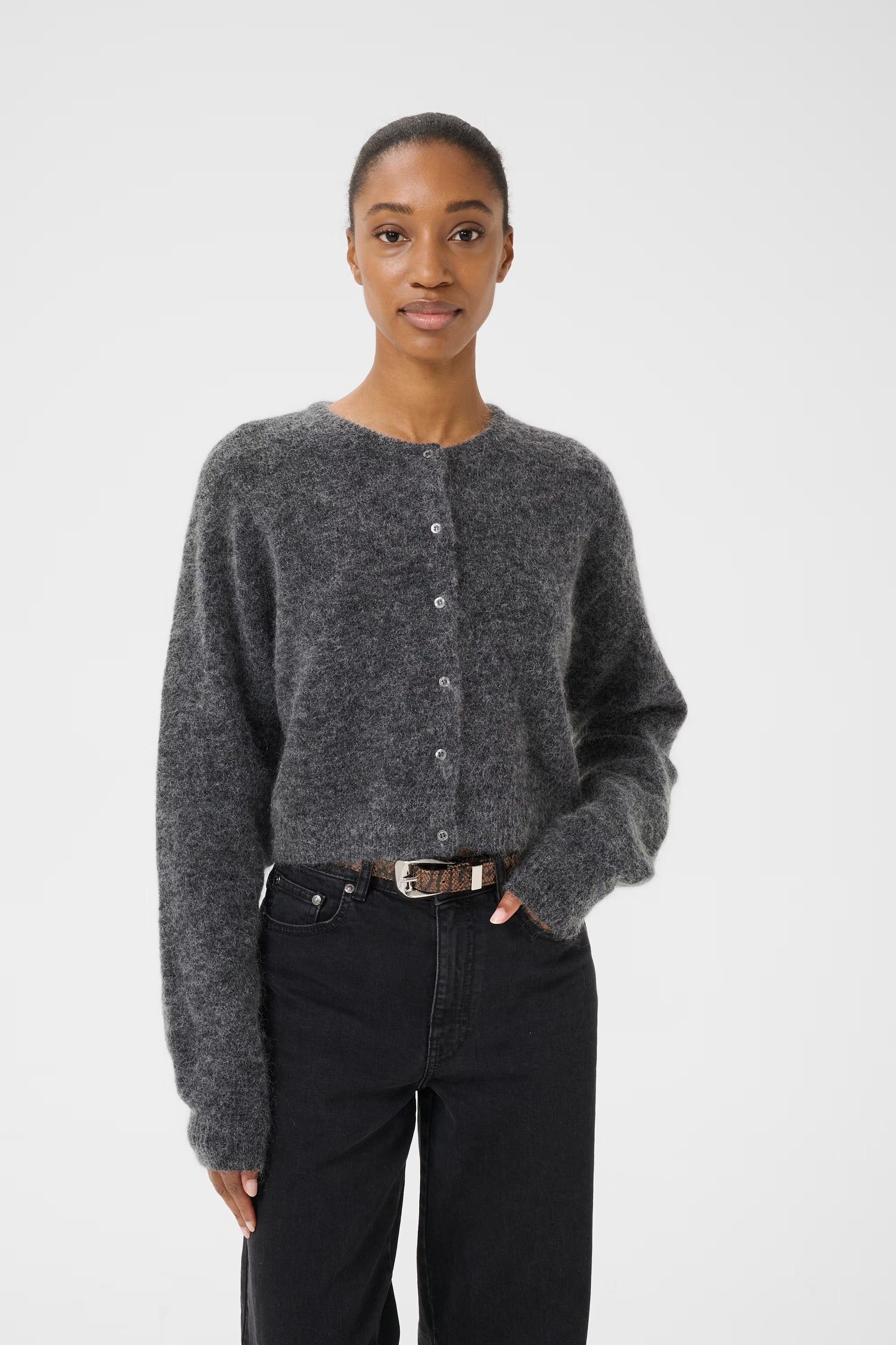 Gestuz Debbie Cardigan - Women's Soft Knit Open Front Long Sleeve Sweater in Charcoal Grey | Perfect for Office Wear, Casual Outfits & Fall Layering