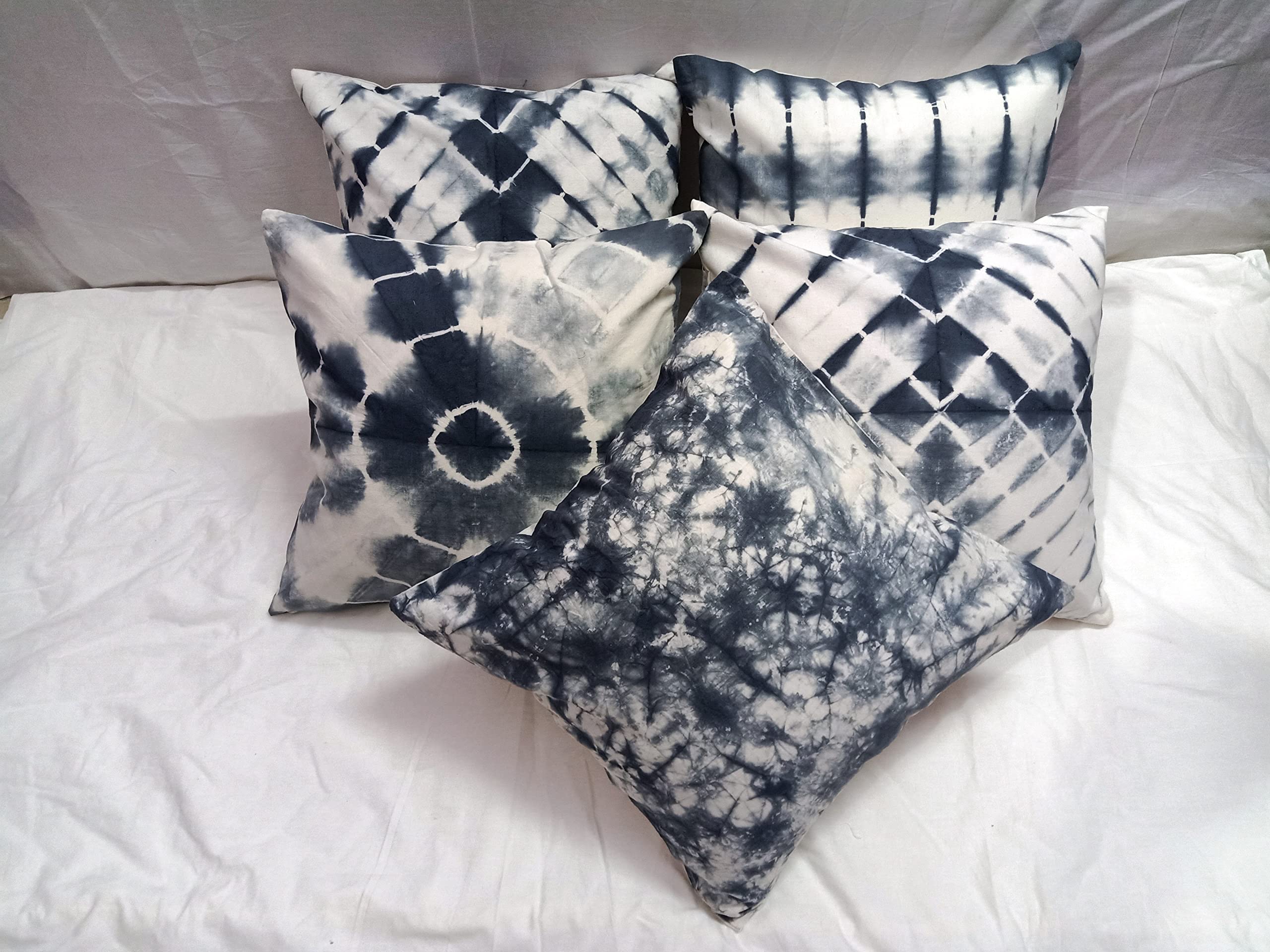 INDACORIFY 5-Piece Tie Dye Throw Pillow Covers Set - 16x16 Inch Indigo Shibori Decorative Cotton Pillow Cases for Sofa, Chair & Outdoor Use - Boho Bohemian Style Home Decor for Living Room, Bedroom & Patio