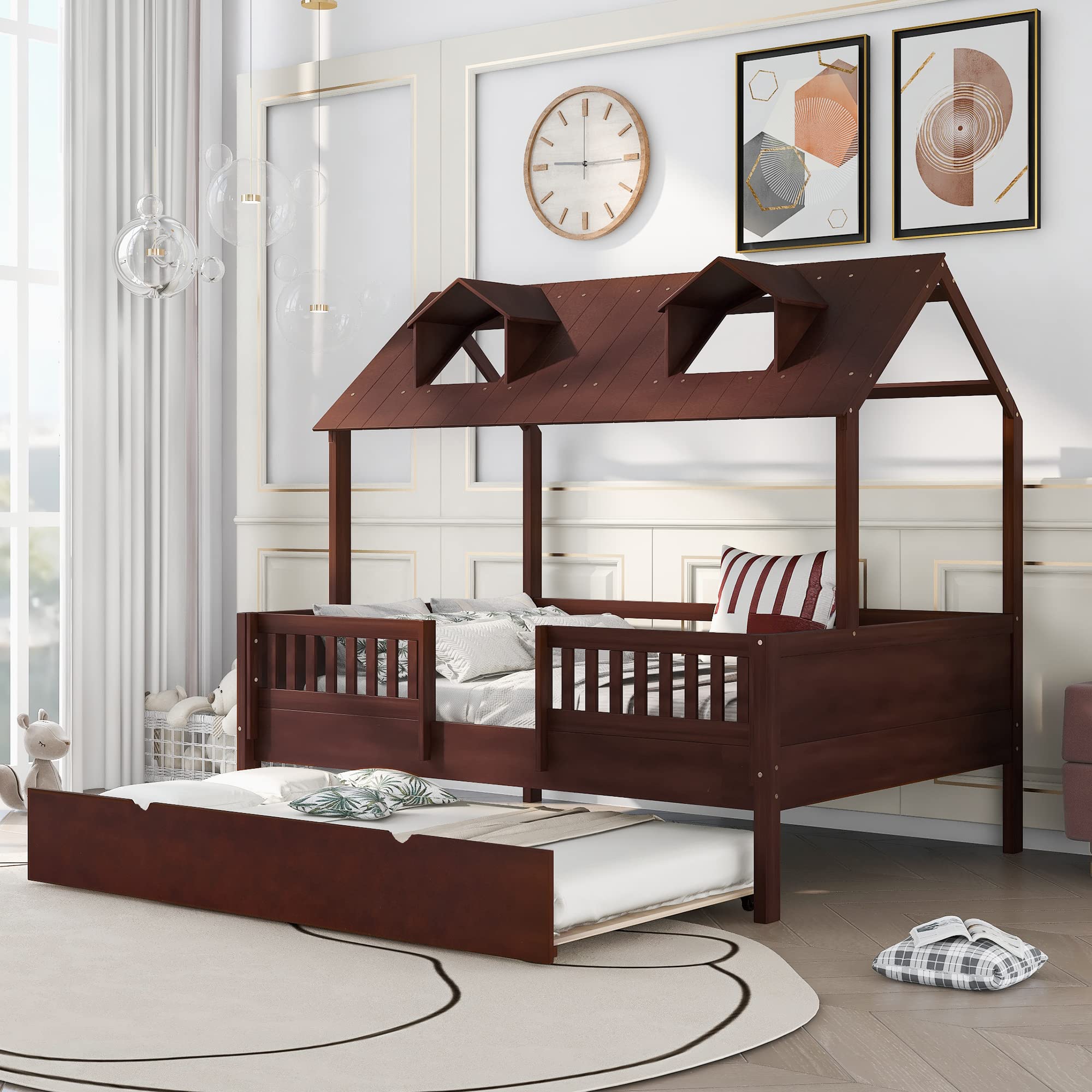 Full Size House Bed Daybed with Trundle - Wooden Sofa Bed Frame with Safety Fence & 2 Sky Windows - Playful Tent Bed for Kids, Teens, Boys & Girls - No Box Spring Needed (Espresso) - Perfect for Bedrooms, Playrooms & Sleepovers