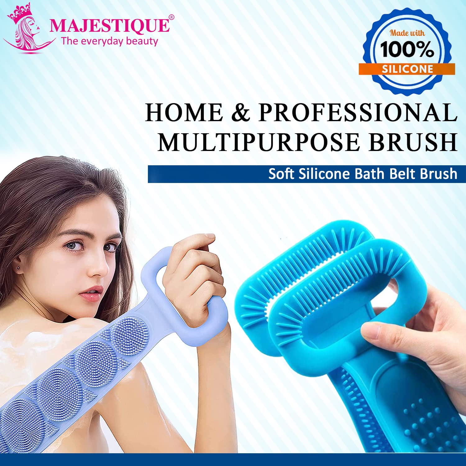 Majestique Silicone Bath Body and Skin Brush Belt - Exfoliating Back Scrubber for Women & Men, Eco-Friendly Long Lasting Shower Brush (Pack of 2) - Perfect for Spa, Home Use and Travel
