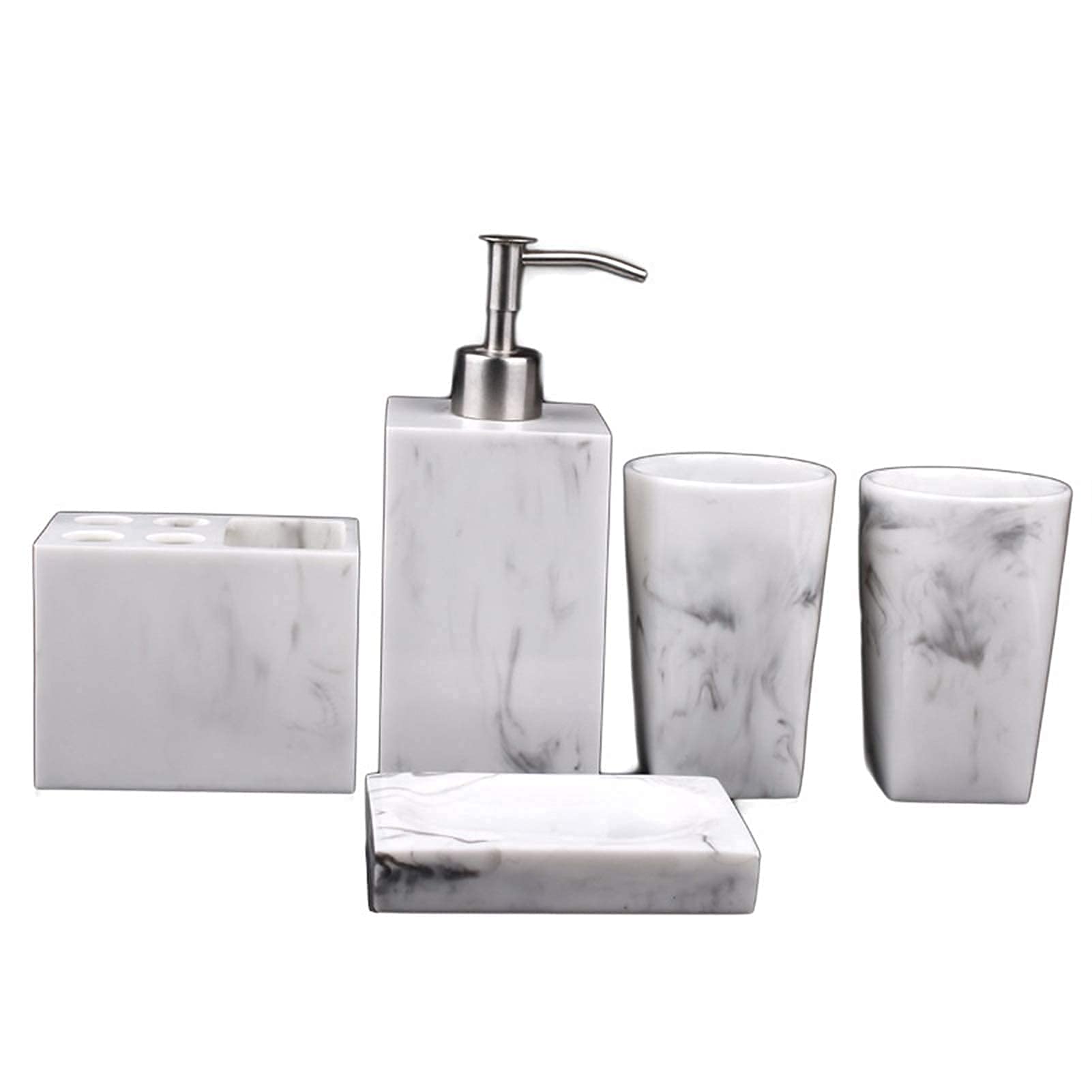 Premium 5-Piece Marble Bathroom Accessory Set - Elegant Resin Toilet Brush, Soap Dispenser, Toothbrush Holder, Tumbler & Tray for Hotel & Home Decor