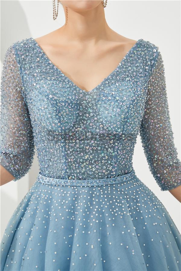Elegant Blue Beaded Long Sleeve A-Line Prom Dress for Evening Parties & Formal Events | Perfect for Homecoming, Prom Night & Special Occasions