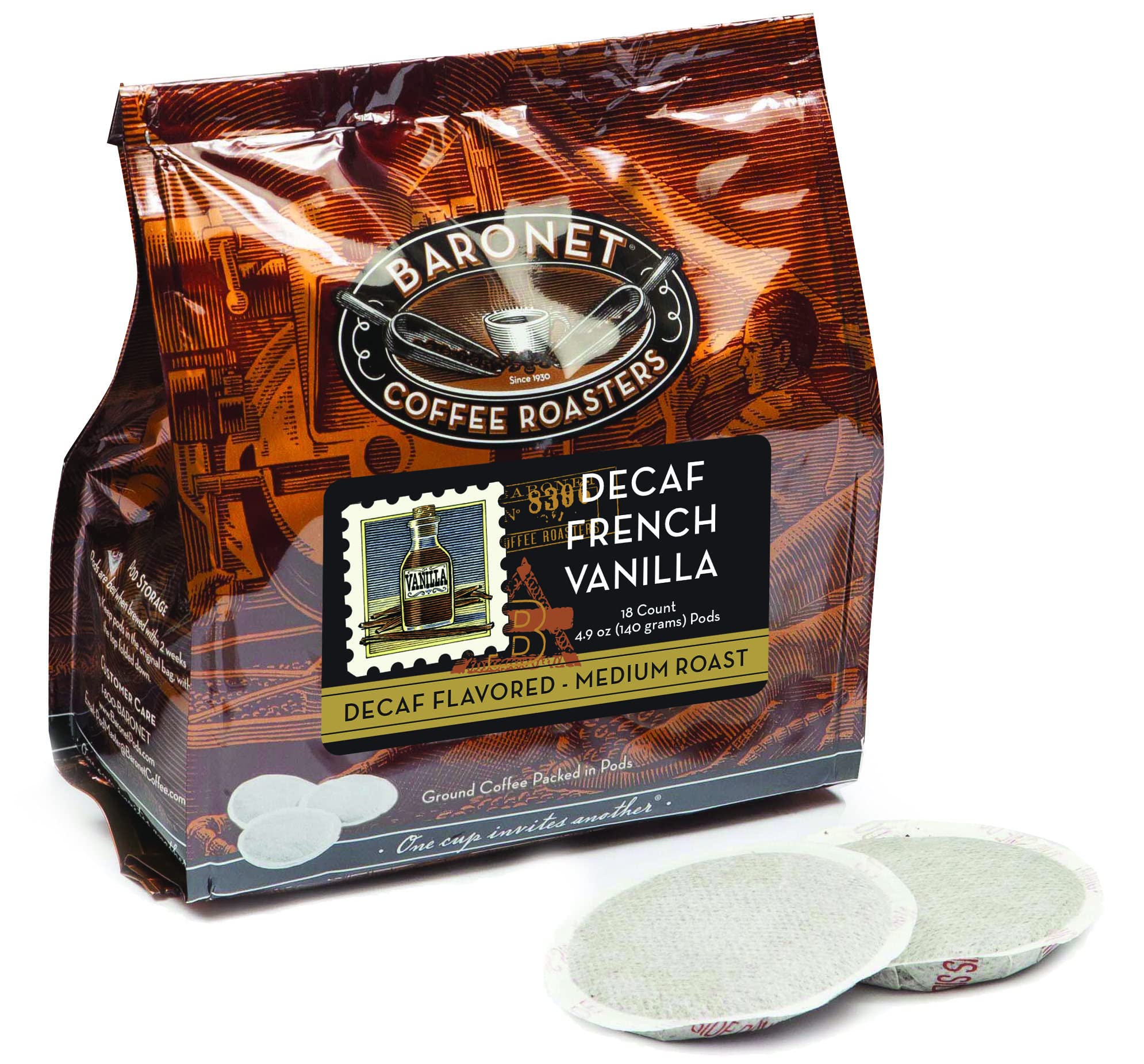 Baronet Coffee Pods - 54 Count Compostable Coffee Bags, 8g Medium Roast Organic Decaf French Vanilla, Compatible with Senseo & Single Serve Brewers - Perfect for Home, Office & Camping Use