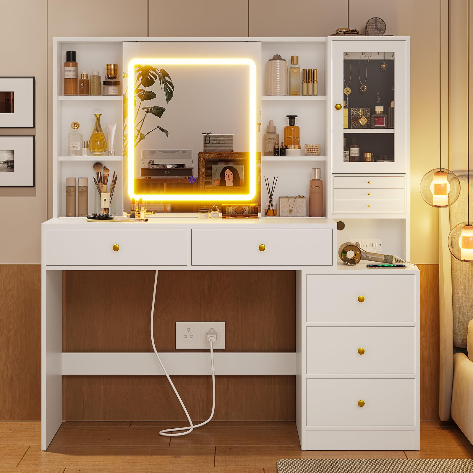 White Makeup Vanity Desk with Charging Station, 3-Layer Jewelry Organizer, Sliding Mirror & LED Lights - 8 Necklace Hooks, 5 Drawers & Storage Shelves - Perfect for Bedroom, Dressing Room & Beauty Salon Organization