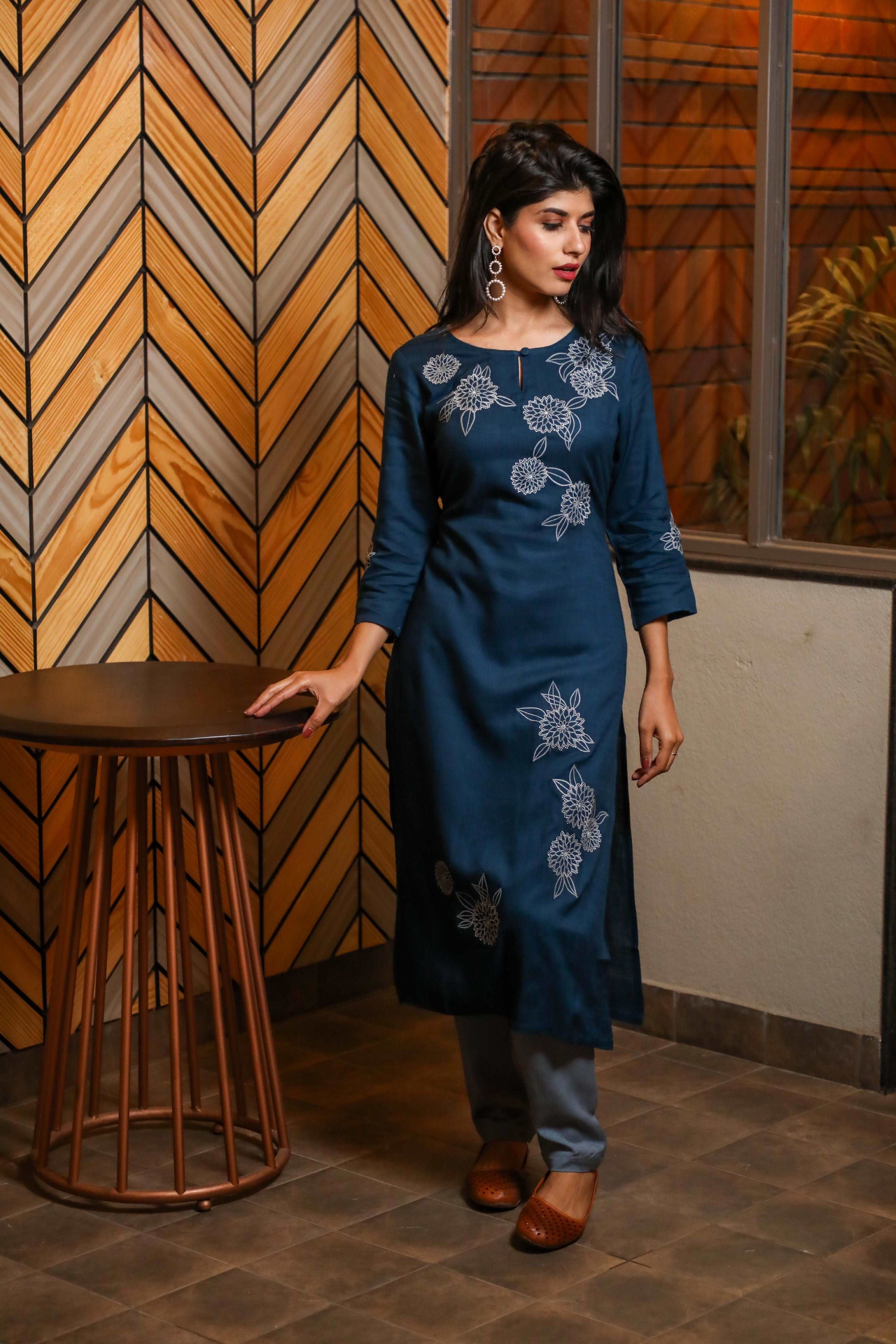 Stylish Bloom Blue Cotton Kurta and Pants Set for Women | Comfortable Indian Ethnic Wear | Perfect for Festivals, Weddings & Casual Outings