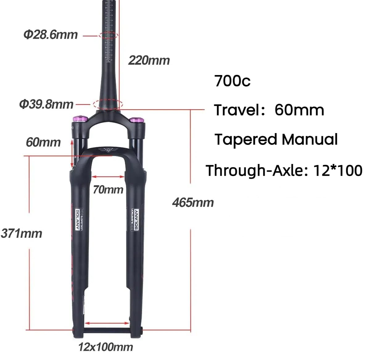 BOLANY 700C Mountain Bike Suspension Fork - 60mm Travel, Disc Brake Compatible, XC Air Fork with Manual Lock, 100*12mm Thru Axle - Perfect for Off-Road Cycling & Trail Adventures