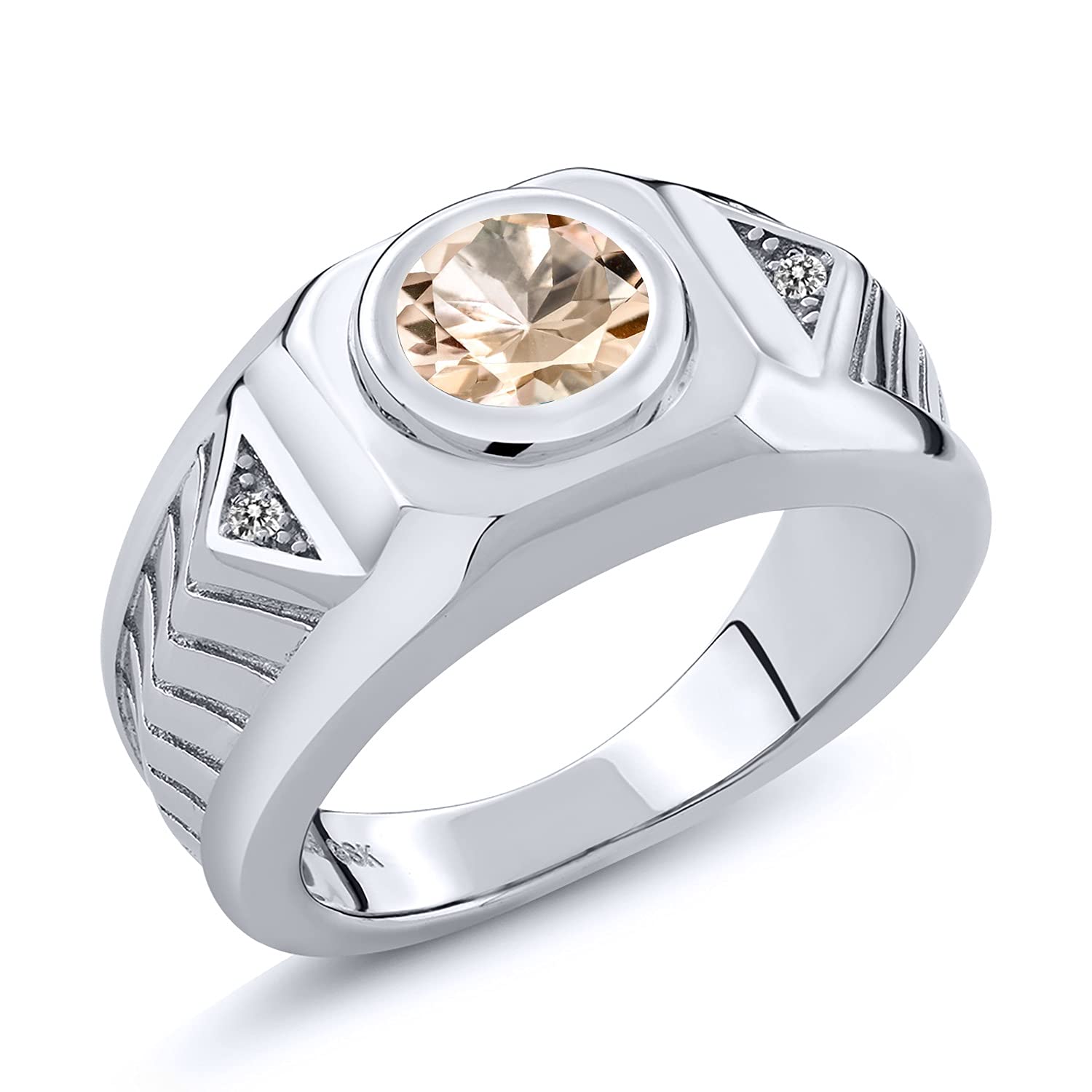 1.73 Ct Round Peach Morganite & White Diamond Men's Ring in 925 Sterling Silver - Elegant Gemstone Jewelry for Weddings, Engagements & Special Occasions
