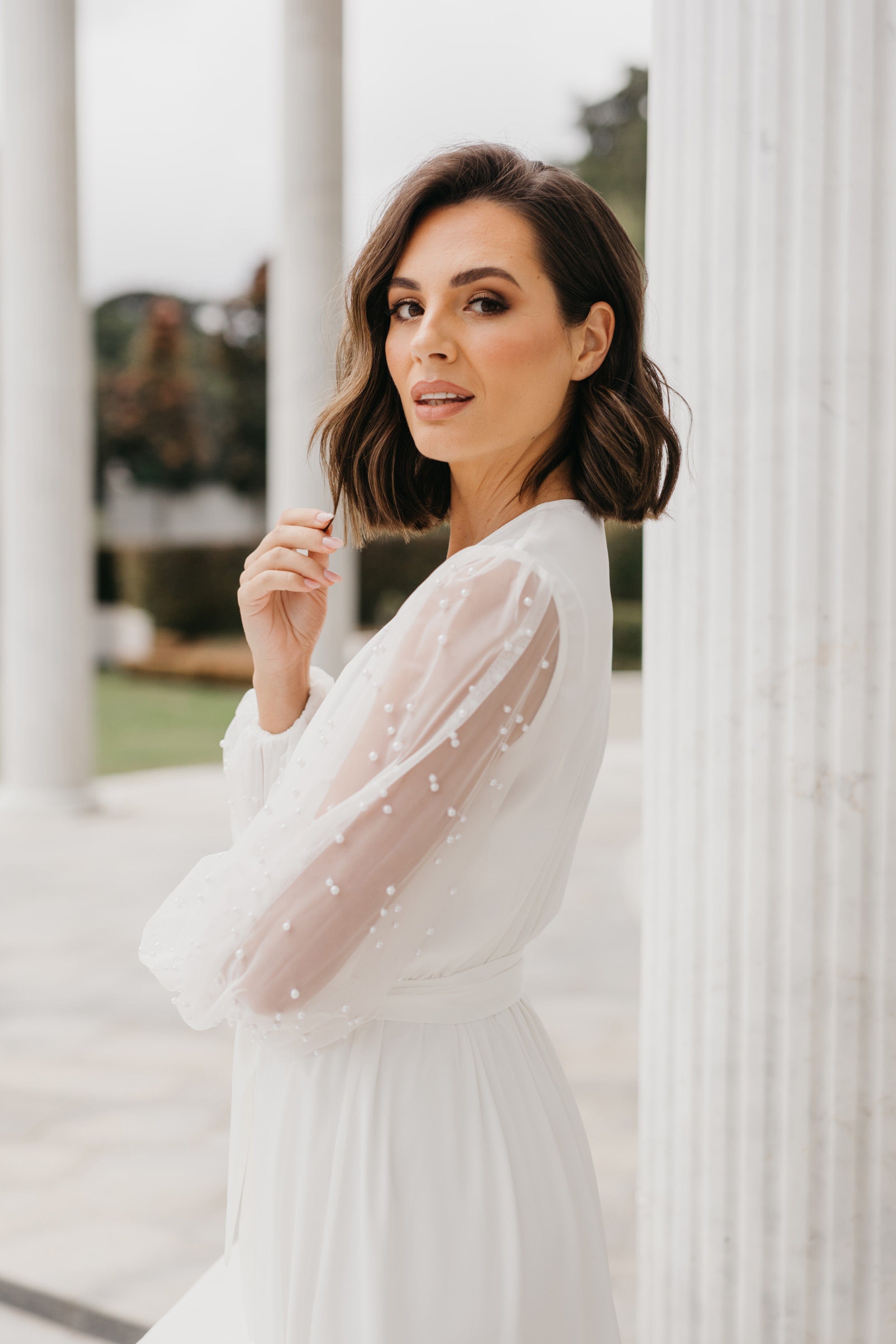 Sophia Hand Beaded Pearl Sleeve Maxi Robe with Slip - Elegant Formal Evening Gown for Weddings, Galas & Special Occasions