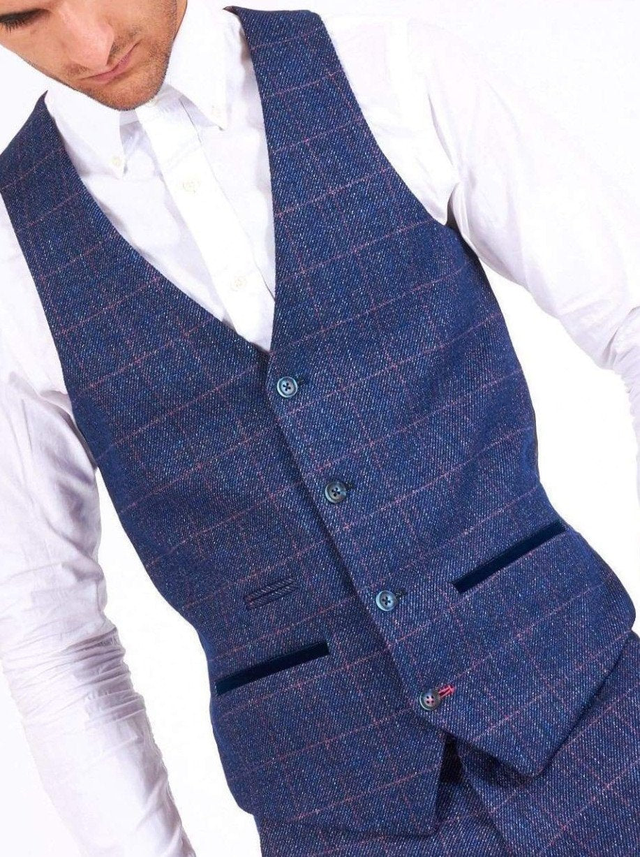 Marc Darcy Harry Men's Indigo Blue Slim Fit Tweed Check Suit Waistcoat Vest | Formal & Wedding Attire | Business Office & Special Occasion Outfit