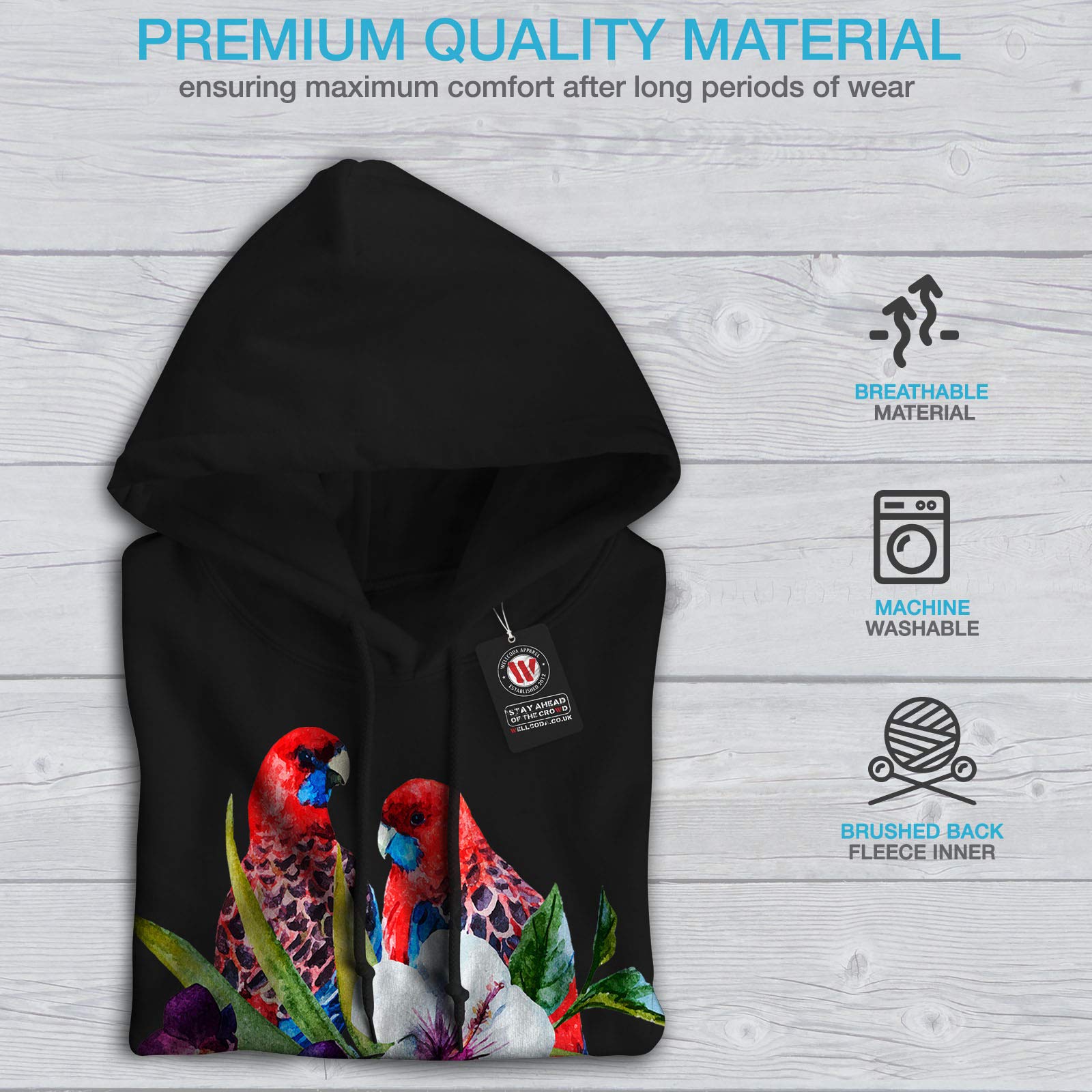 Wellcoda Hawaiian Aloha Bloom Men's Hoodie - Tropical Bird Print Pullover Sweatshirt for Casual Wear & Beach Vacation Outfits