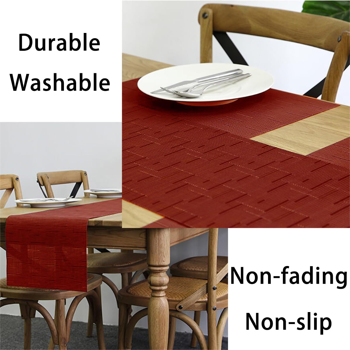 PIGCHCY Washable & Durable Vinyl Placemats Set of 6 - 18x12 Inch Heat-Resistant Table Mats for Dining Room, Kitchen, Office (Burgundy Red) - Perfect for Everyday Meals, Dinner Parties & Home Decor