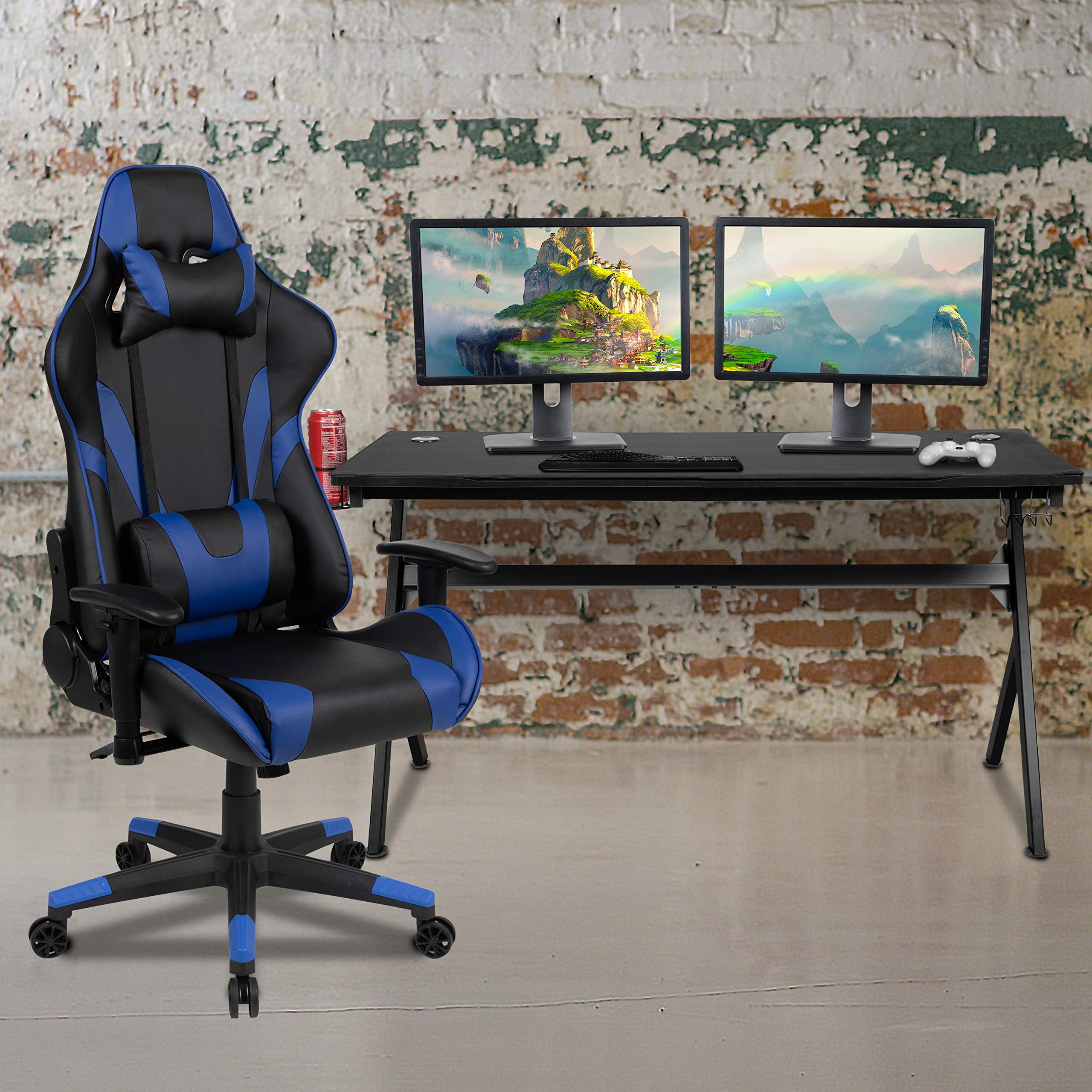 Flash Furniture Gaming Desk & Blue/Black Reclining Gaming Chair Set with Cup Holder, Headphone Hook & Removable Mouse Pad - Ergonomic Wire Management for PC & Console Gamers - Perfect for Home Office, Streaming & Esports Gaming Setup