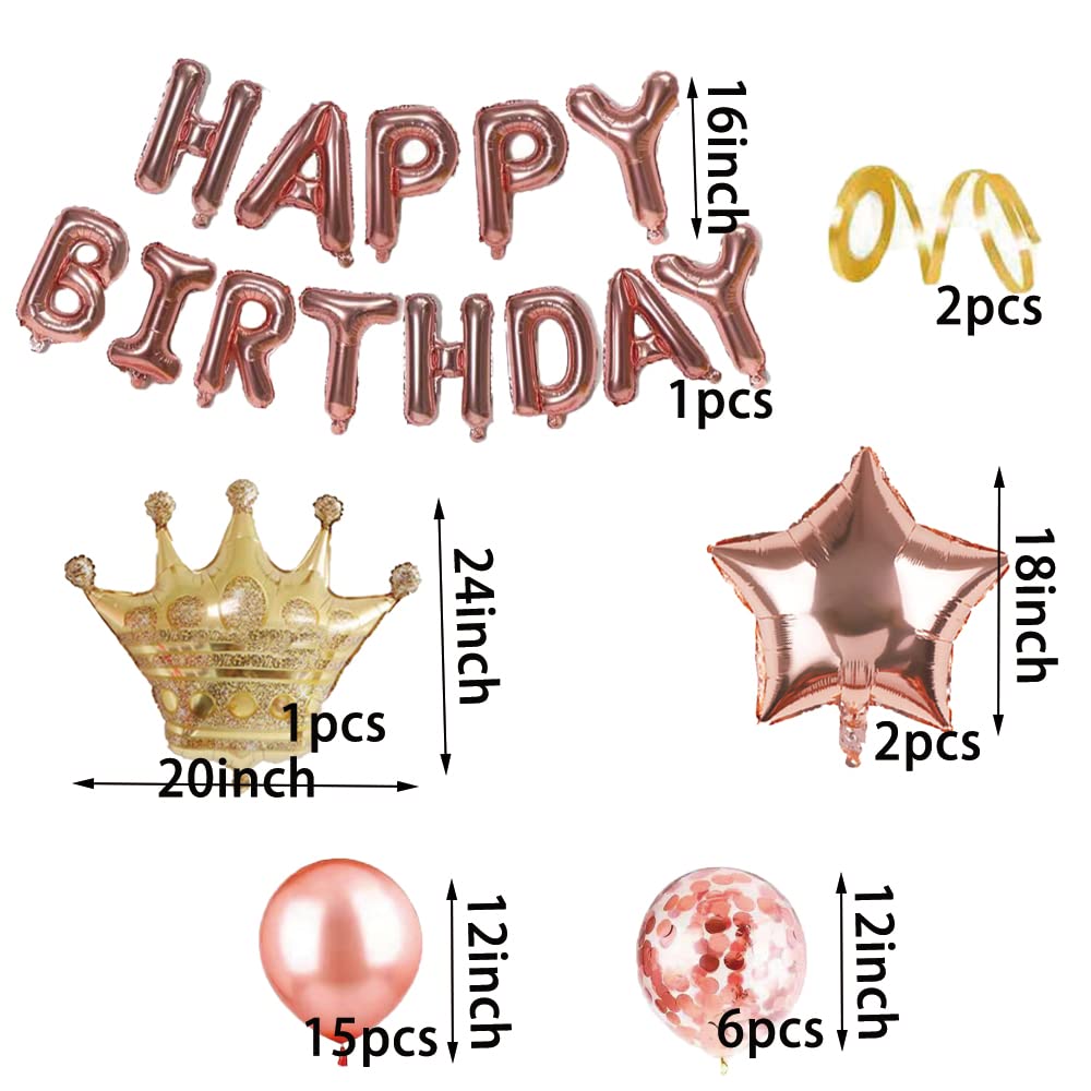 25-Piece Rose Gold Happy Birthday Party Decorations Set - Prince & Princess Crown, Banner, Star Aluminum Balloons, Confetti & Sequin Latex Balloons for Birthday Parties, Baby Showers & Special Events