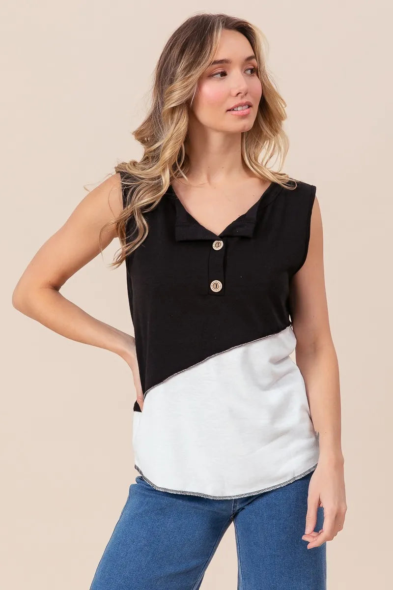 Stylish BiBi Color Block Contrast Stitching Buttoned Henley Top for Women | Trendy Casual & Workwear Blouse | Perfect for Office, Dating & Weekend Outfits