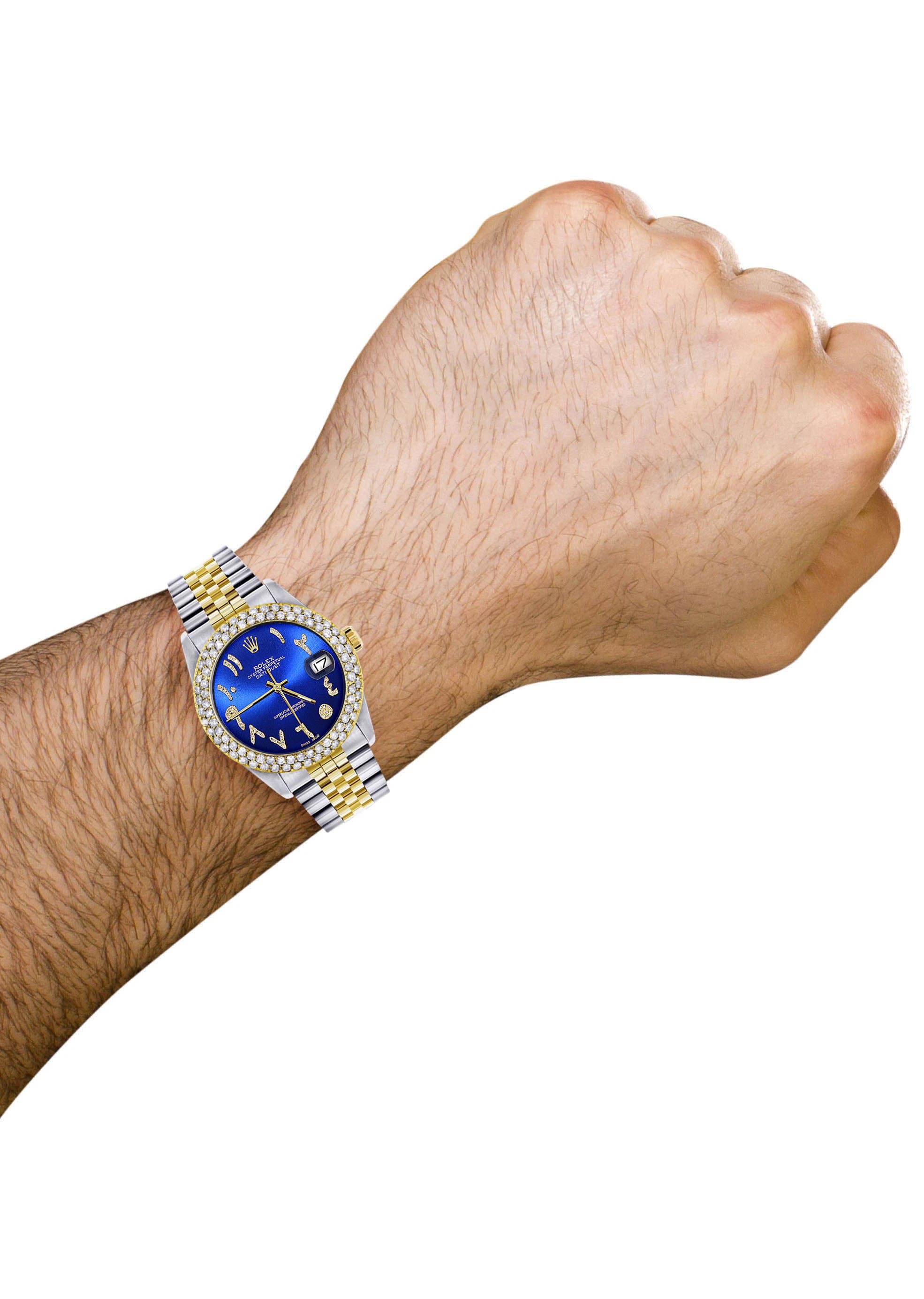 Luxury Men's Rolex Watch 16233 - 36mm Blue Arabic Diamond Dial, 4.25 Carat Two Row Bezel, Jubilee Band | Premium Diamond Gold Timepiece for Business, Gifting & Special Occasions