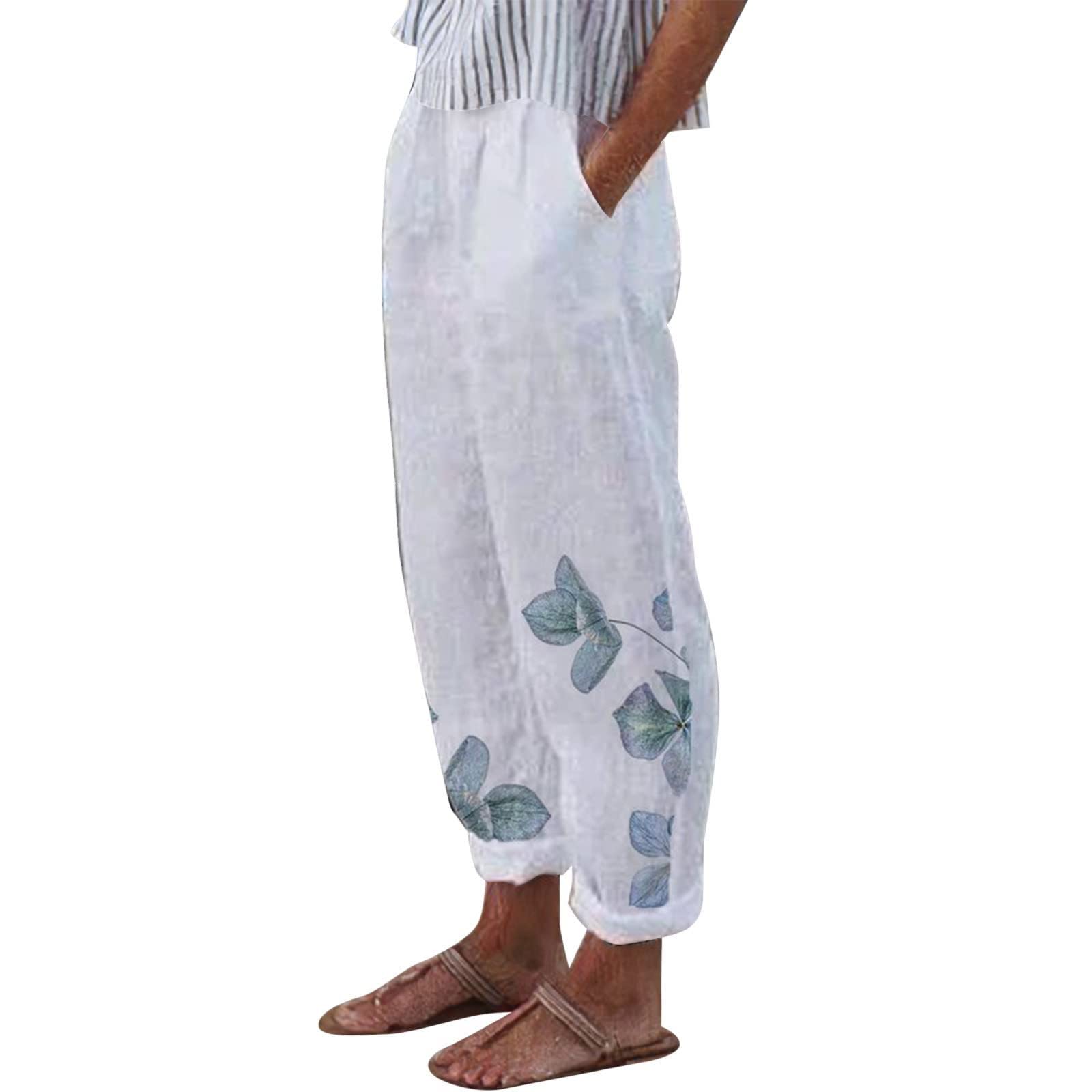 Women's High Waisted Pencil Pants with Drawstring - Floral Print Summer Trousers for Office Work, Casual Outfits & Travel