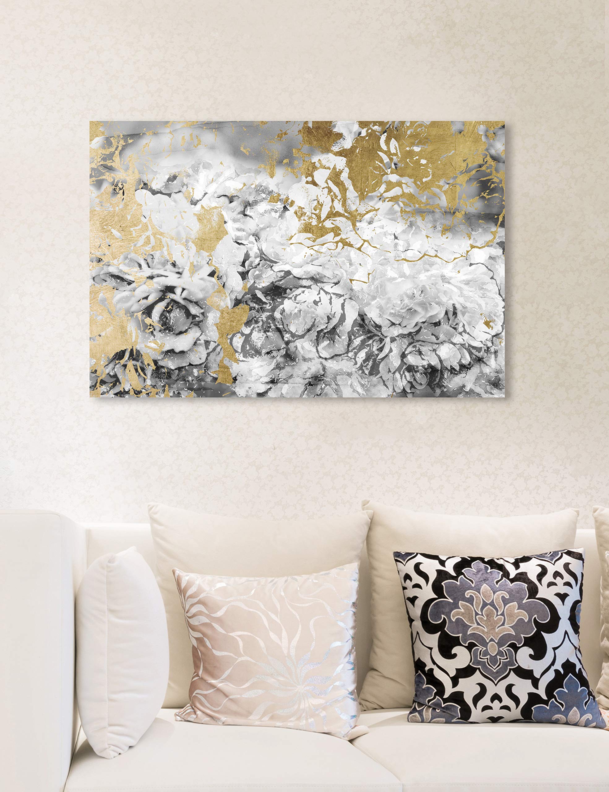 Silver Camellias Abstract Wall Art Canvas Print - 24x16 Inch Gray & Gold Modern Home Decor | Perfect for Living Room, Bedroom or Office Decoration