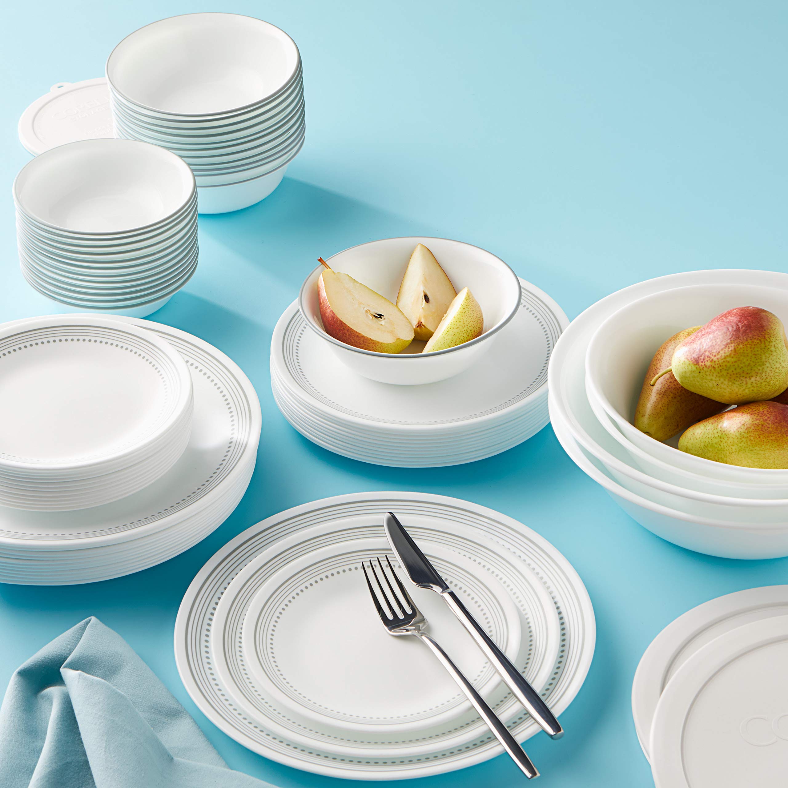 Corelle Vitrelle 78-Piece Dinnerware Set for 12 - Triple Layer Chip Resistant Glass Plates & Bowls - Lightweight Round Dinner Plates & Serving Bowls in Mystic Gray - Perfect for Family Dinners, Entertaining & Everyday Use
