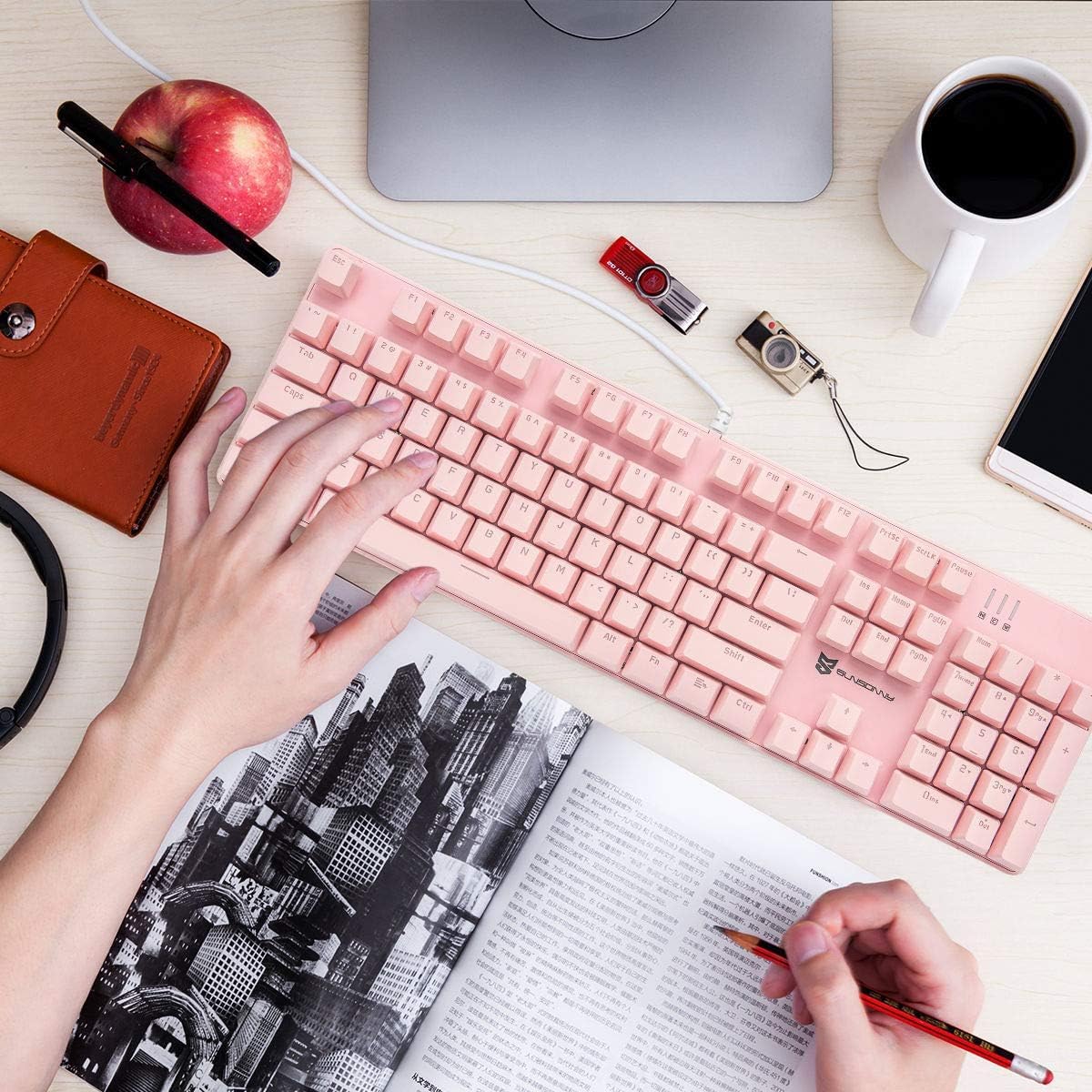 Qisan Mechanical Gaming Keyboard - Wired White Backlit Keyboard with Blue Switches, 104 Keys Full Size US Layout (Pink) | Perfect for PC Gaming, Office Work & Typing Enthusiasts