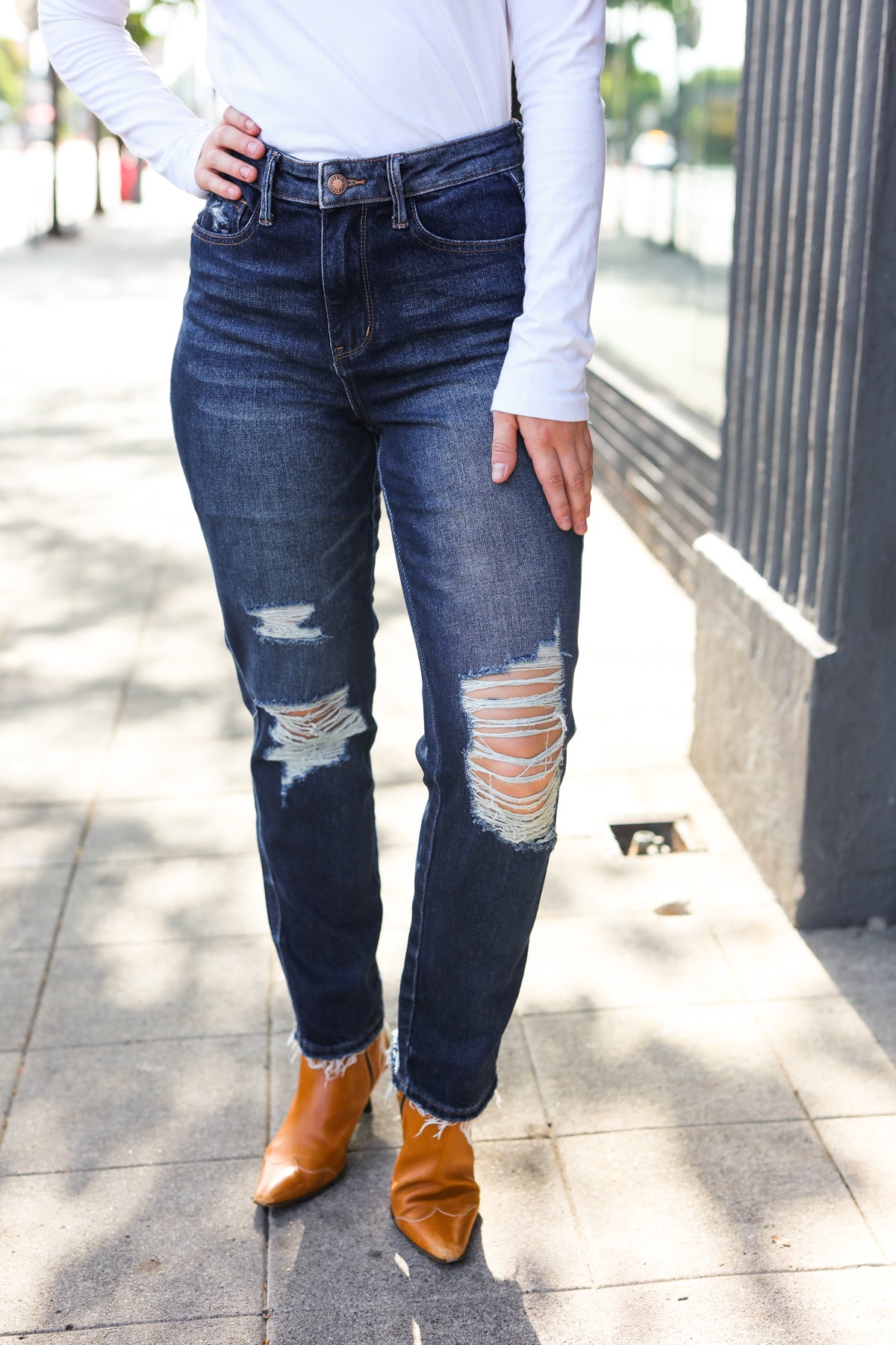 Judy Blue Women's Dark Wash Mid Rise Distressed Straight Leg Jeans - Comfortable & Stylish for Casual Wear, Work & Everyday Outfits