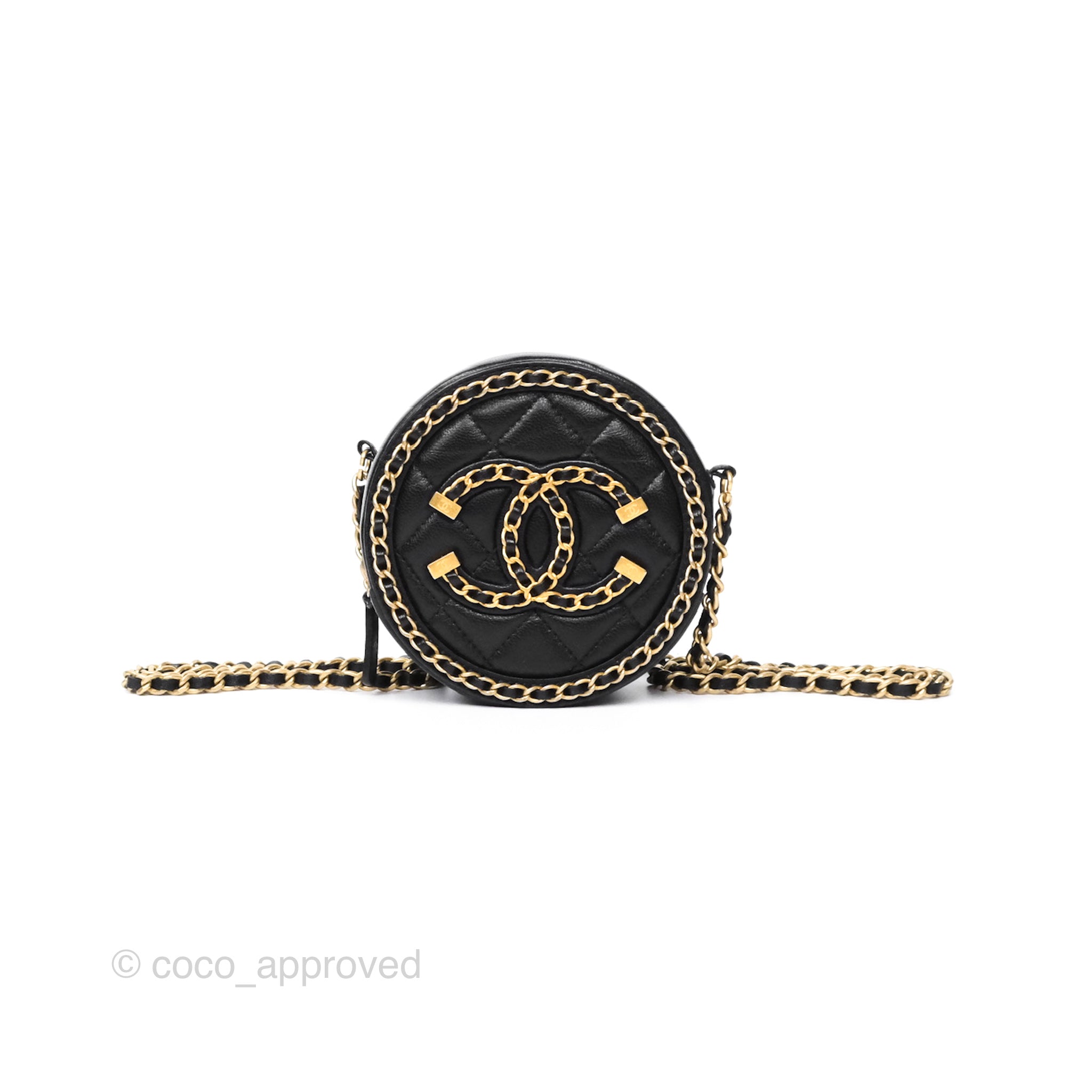 Chanel Black Lambskin Chained Round Filigree Clutch with Gold Hardware - Elegant Evening Bag for Parties, Weddings & Special Occasions