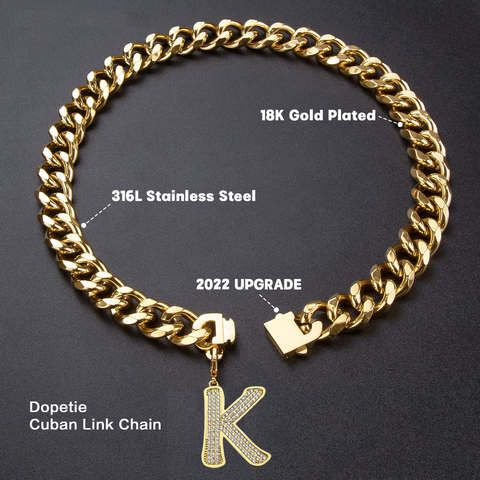 Personalized Gold Chain Dog Collar with Bling Zircons - Heavy Duty Chew Proof Cuban Link Necklace for Medium & Large Dogs | Letter K Engraved 16IN | Perfect for Pet Fashion & Special Occasions