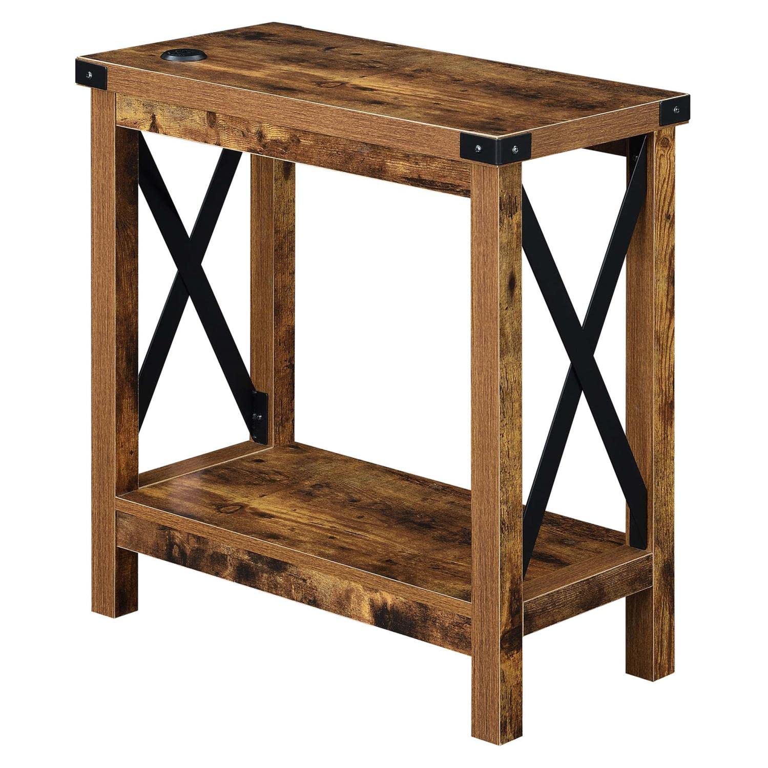 Convenience Concepts Durango Chairside End Table with USB Charging Station & Storage Shelf - Rustic Barnwood & Black Finish - Perfect for Living Room, Bedroom, or Office Use