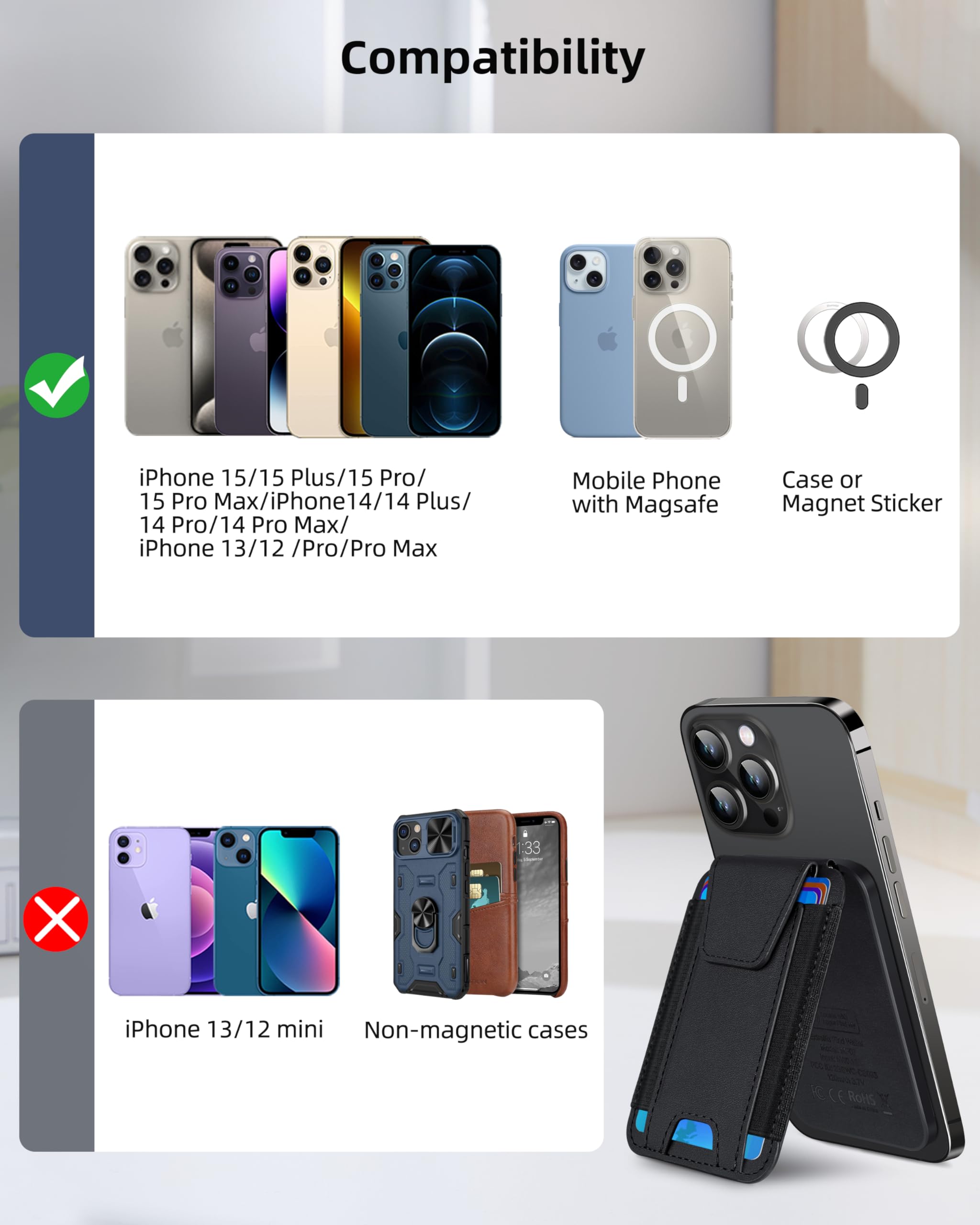 Magnetic Wallet for iPhone 16/15/14/13/12 Series - Magsafe Compatible with Apple Find My, 7-Card Holder with RFID Blocking & Privacy Flap, Adjustable Stand (Black) - Perfect for Travel, Shopping & Everyday Carry