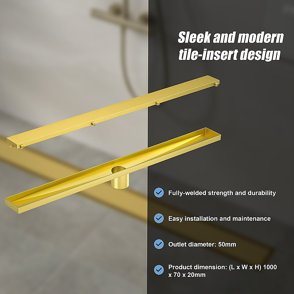 1000mm Brushed Brass Tile Insert Shower Drain with Center Outlet - Bathroom Floor Waste Grate for Modern & Luxury Showers - Perfect for Wet Rooms, Walk-In Showers, and Spa Bathrooms