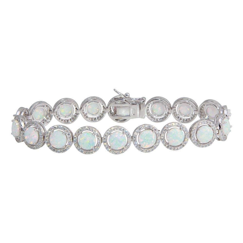 Simulated Opal & Cubic Zirconia Halo Tennis Bracelet - Sterling Silver Jewelry for Women - Perfect for Weddings, Parties & Special Occasions